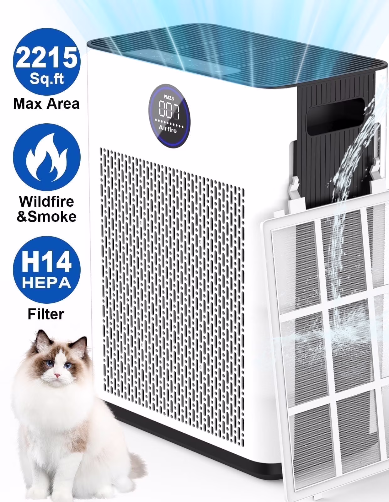 AIRFIRE H14 HEPA Air Purifiers for Home up to 2215 Sq.ft, Air Purifier for Allergies and Asthma, Pollen, Wildfire/Smoke, Pet Dander Odor, Dust, AP304, White(AP304(Normal Version))