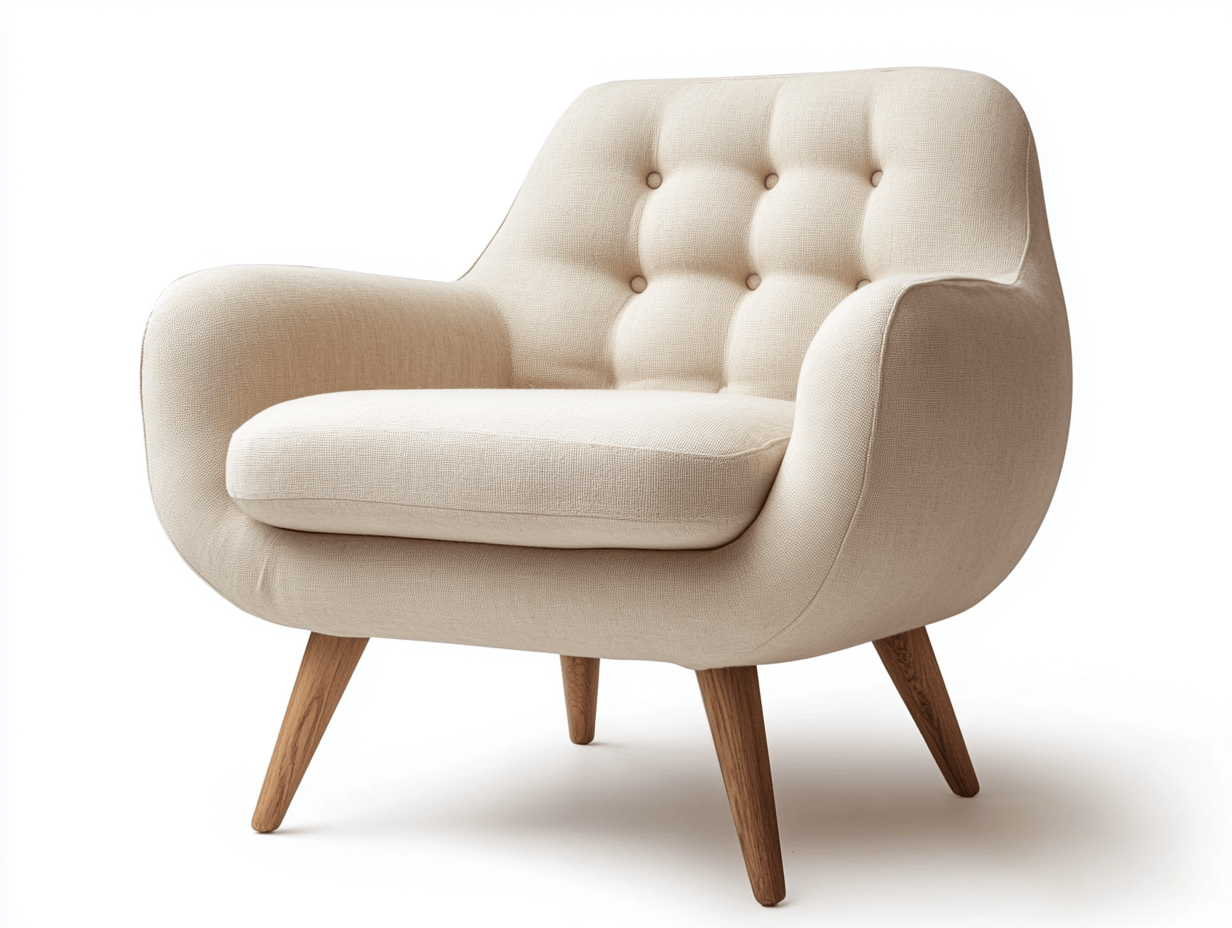 Sillón beige de lino con patas de madera – diseño ergonómico y moderno