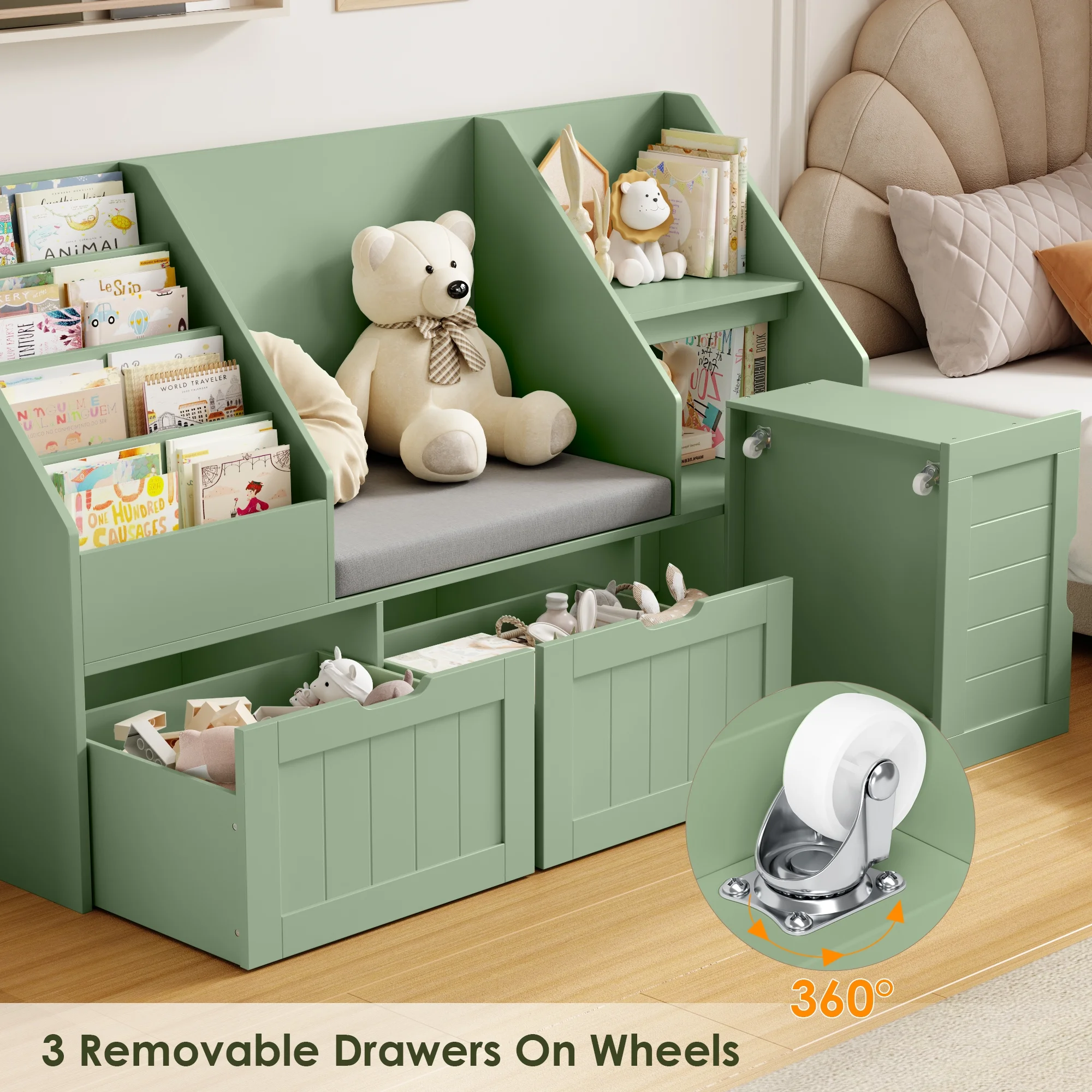 Homfa Kids Bookshelf with Reading Nook & 3 Movable Drawers, 2 Cube Bookcase with 4-Tier Book Racks, Toy Storage Organizer for Playroom Bedroom, White - Image 26