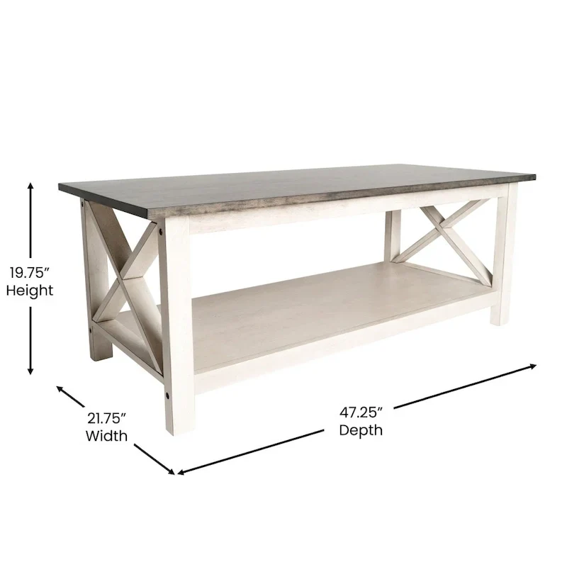 Farmhouse Coffee Table with Shelf and X-Frame Design