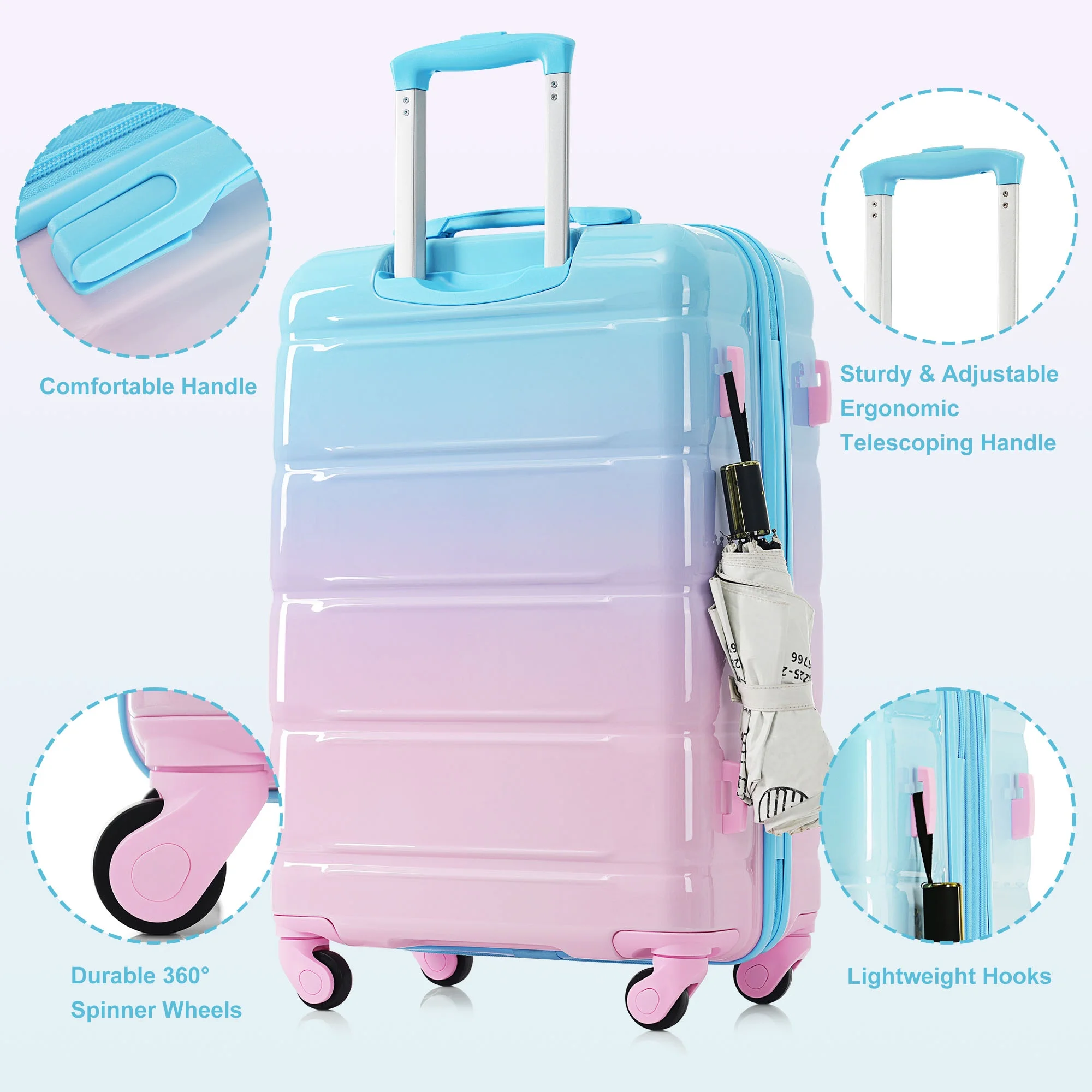 PAPROOS 3-Piece Luggage Set (20''/24''/28''), Hardshell Lightweight Suitcase with USB Port and Side Hooks, Travel Luggage with TSA-Lock, Hardside Rolling Luggage for School, Travel, Pink - Image 31