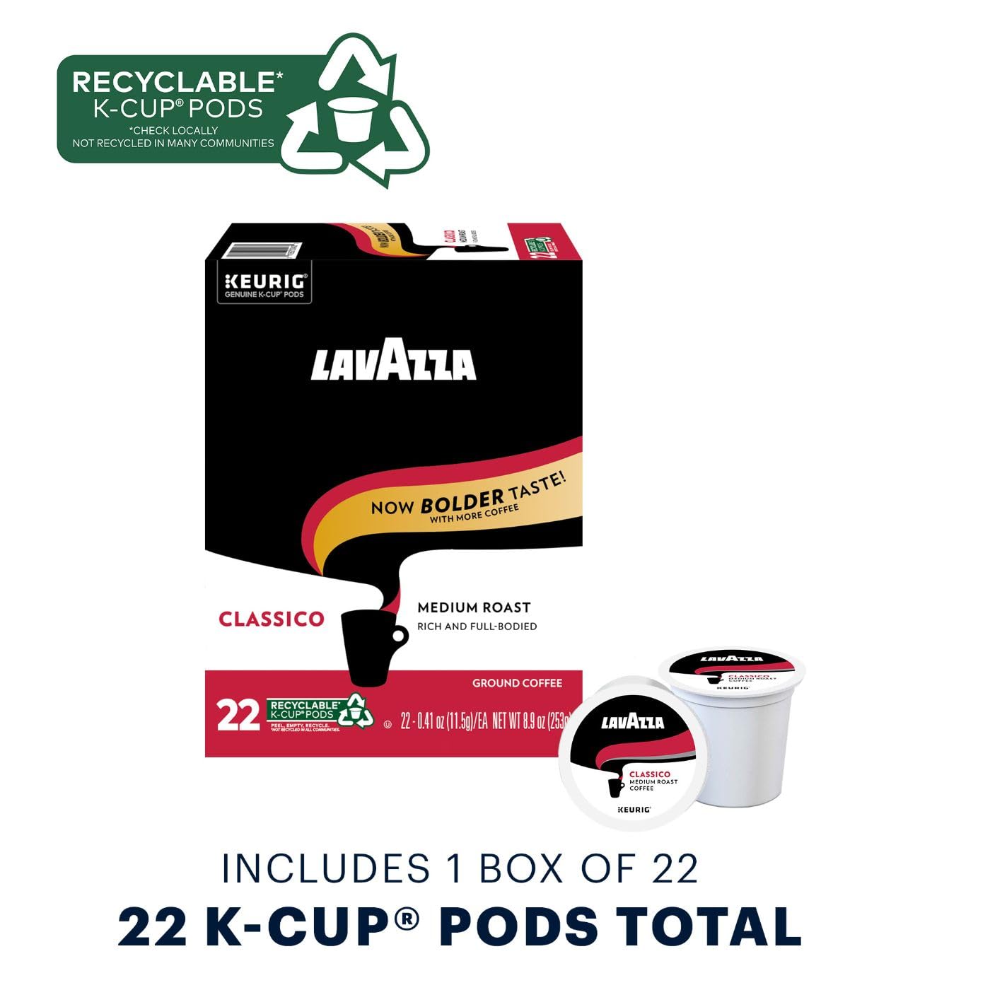 Lavazza Classico Single-Serve Coffee K-Cup® Pods for Keurig® Brewer. Medium Roast. 22Count Box. Full bodied medium roast with rich flavor and notes of dried fruit