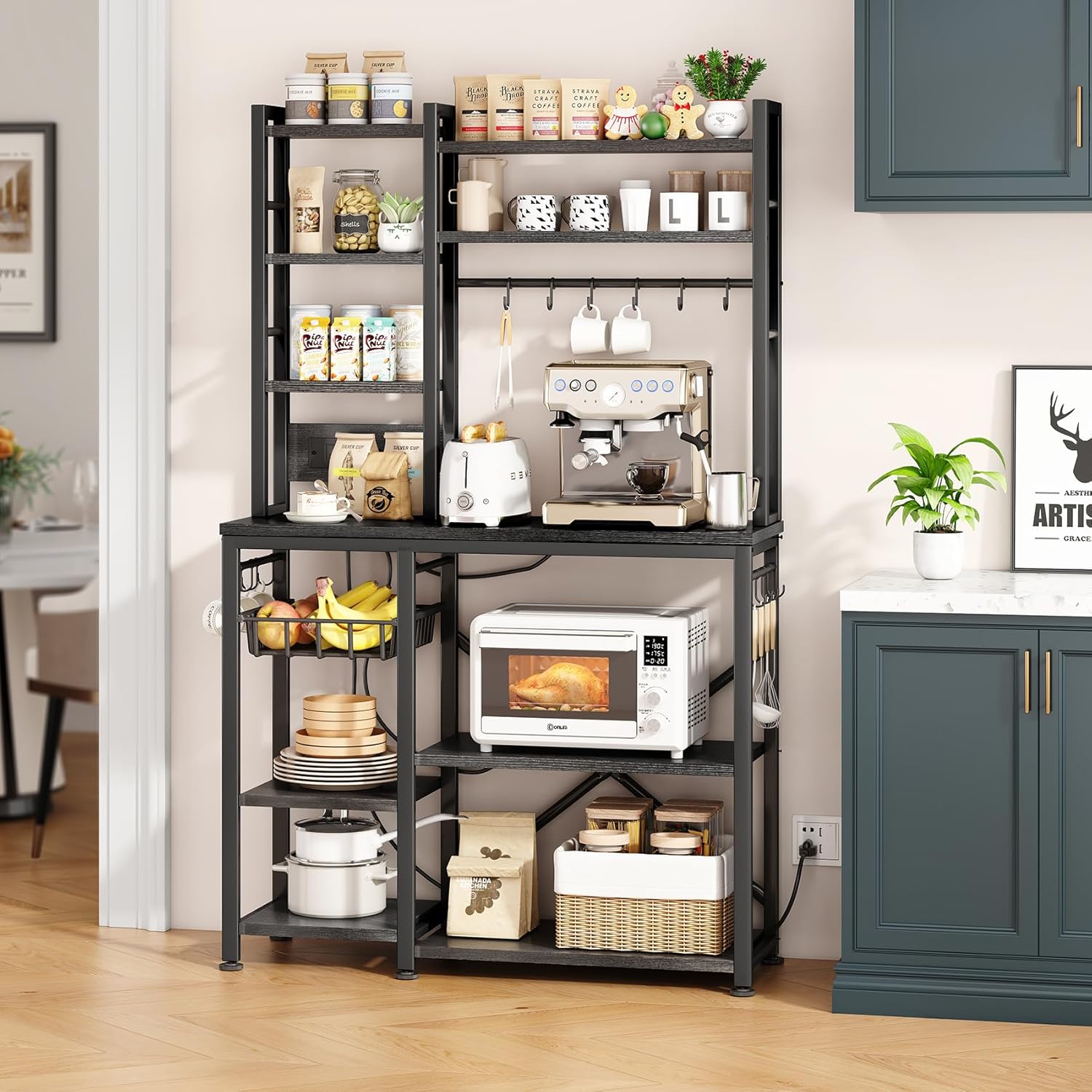 SNTD Baker Rack with Power Outlet - Microwave Stand with Storage, Large Coffee Bar Station with 14 Hooks, Metal Kitchen Shelf Rack for Spices, Pots (Rustic Black)