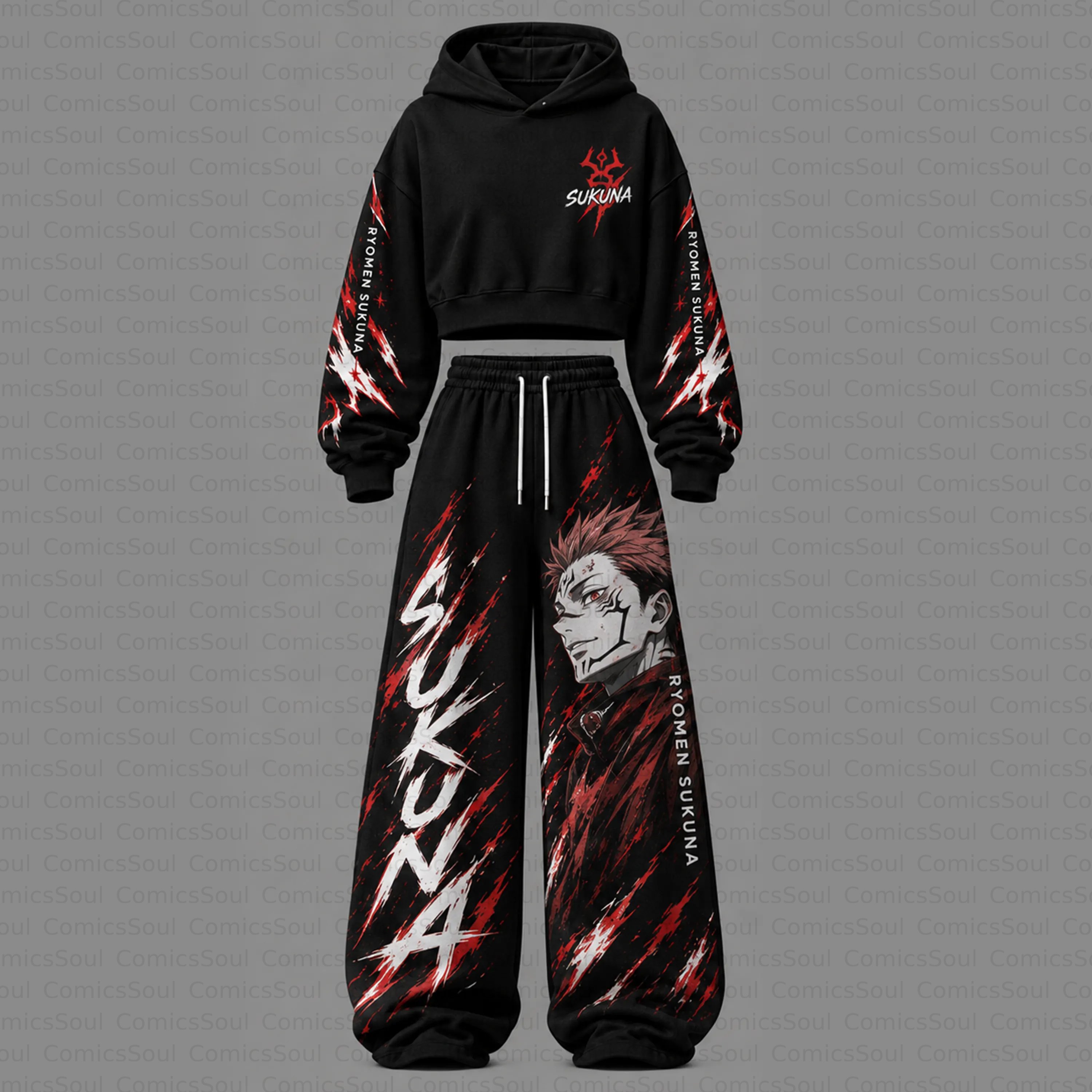 Jujutsu Kaisen Cropped Long Sleeve Hoodie & High Waist Jogger Pants Two Piece TeeThreads Sustain the Scene with Custom Apparel