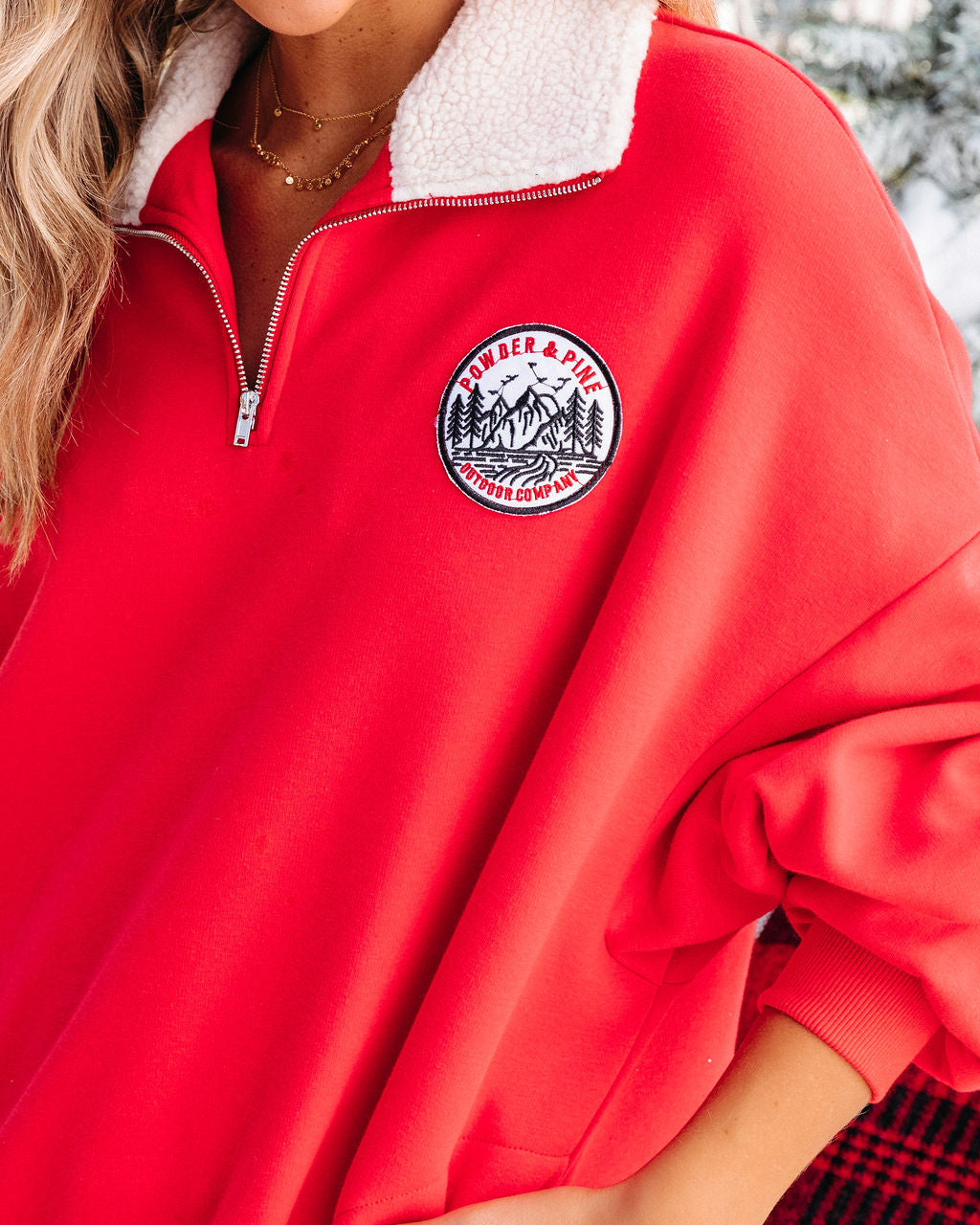 Powder And Pine Half Zip Sherpa Trim Pocketed Pullover Sweater - Red - Se7enfashion