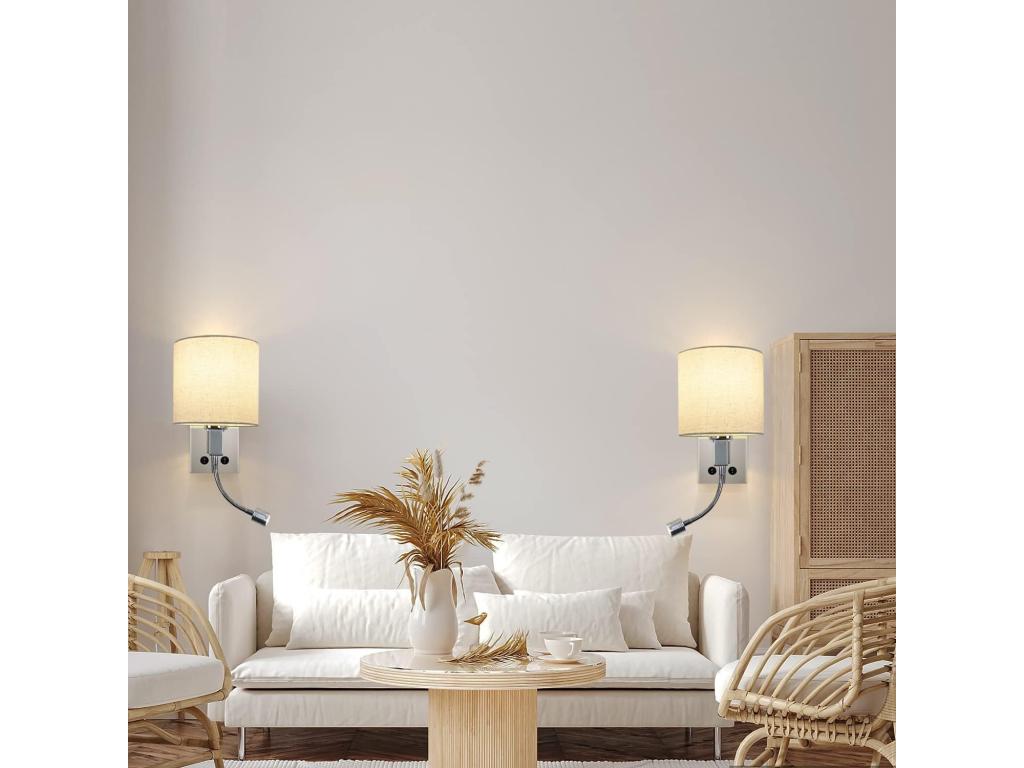 hogardiseno. Aplicación LED con interruptor, aplicación mural interior, lámpara de lectura, pantalla antiglare de tejido, lámpara de cama orientable.