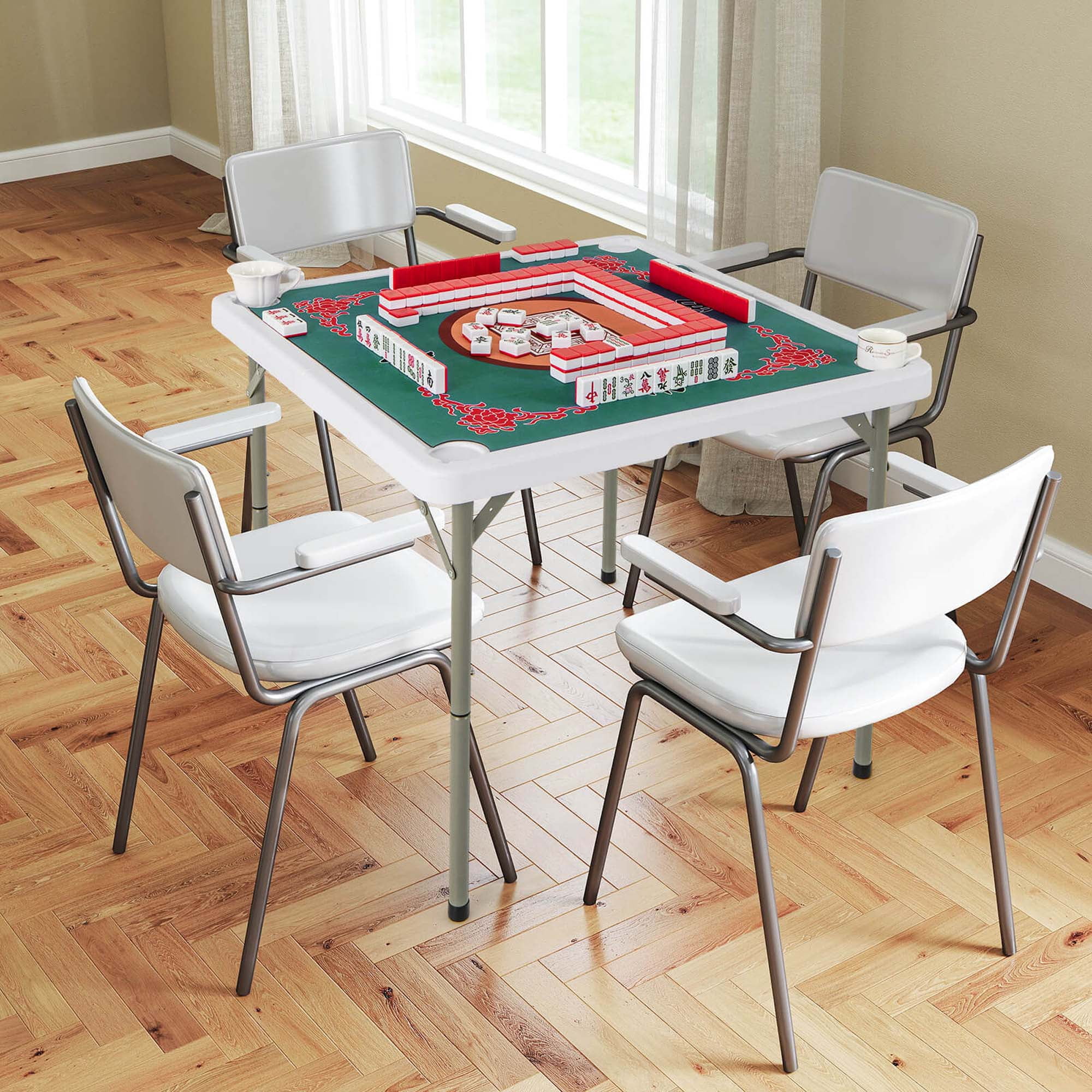 Costway 35" Folding Mahjong Table with Cup Holders & Smooth Felt Mat Carrying Handle Green - Image 32