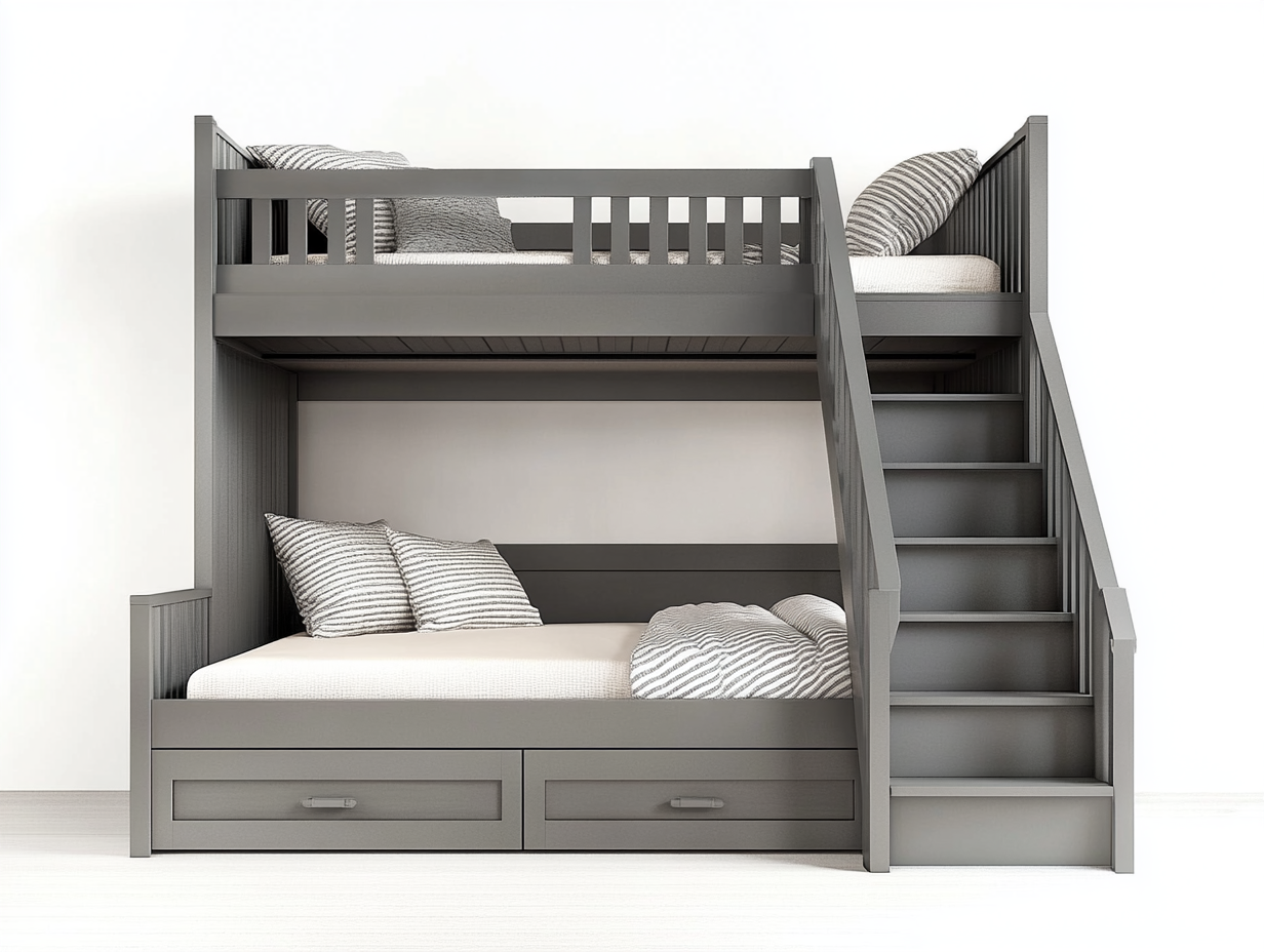 Litera infantil de madera gris con escalera y cajones para dormitorio ZH3832755