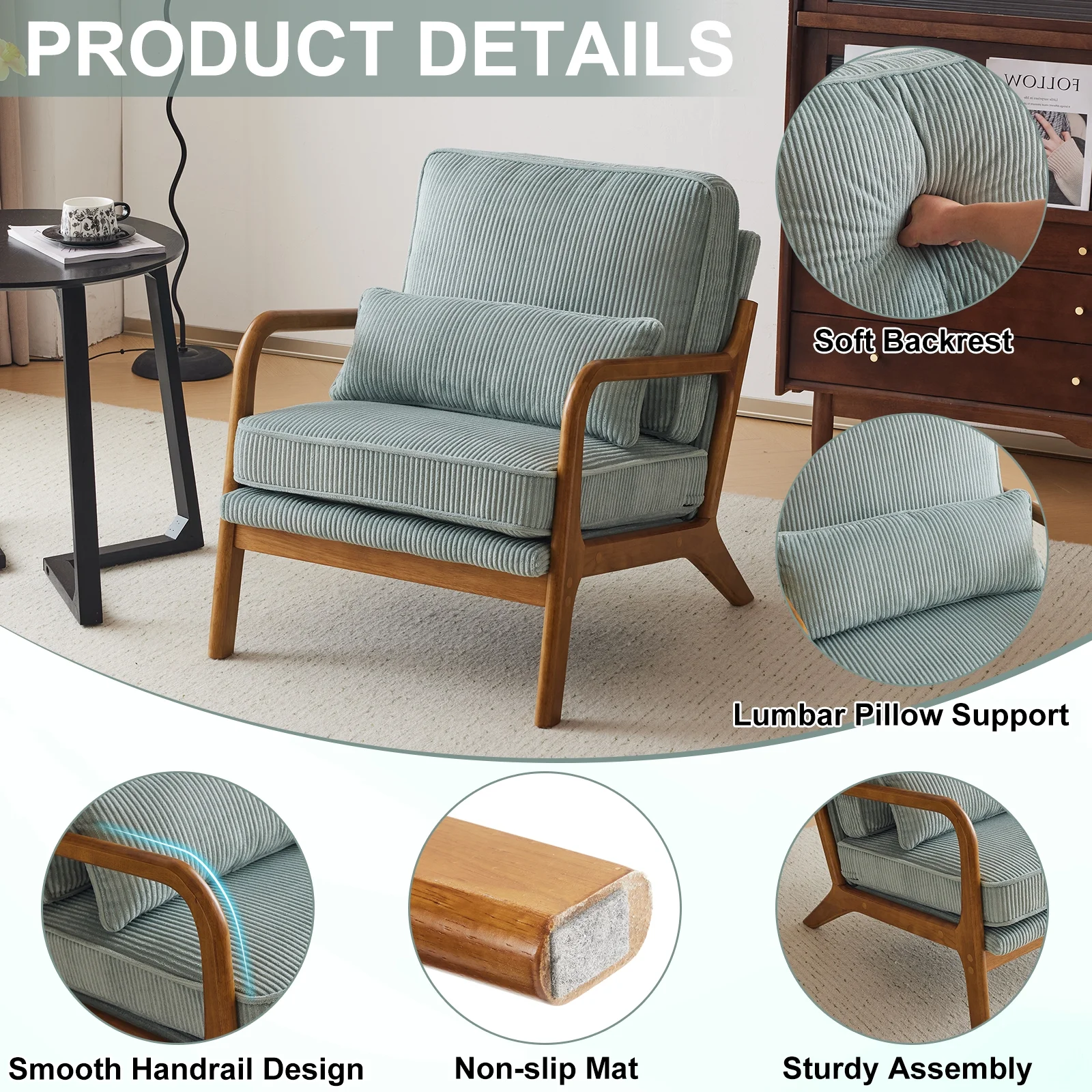 Ktaxon Accent Chair Corduroy Upholstered Armchair, Reading Club Chair with Pillow and Solid Wood Frame for Living Room Bedroom Furniture Off White - Image 169