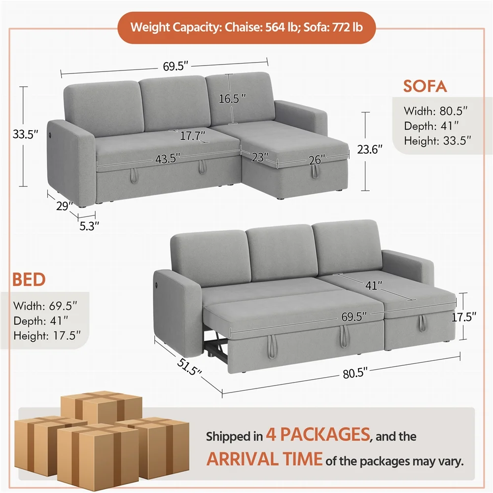 Alden Design Reversible Sectional Sofa with USB & Type-C Ports for Livingroom, Light Gray - Image 17