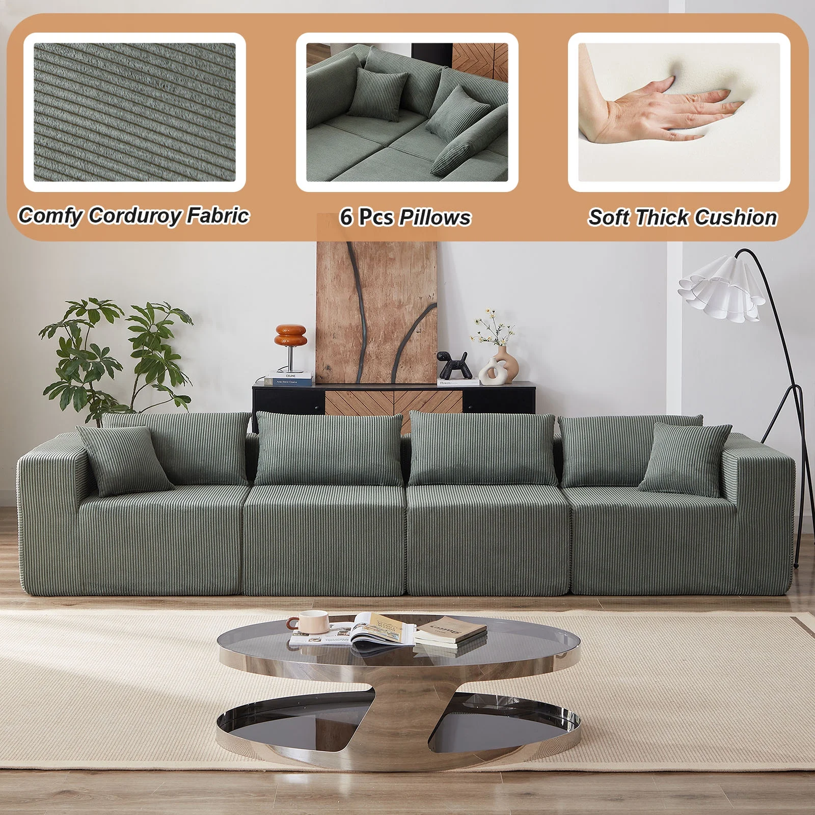 104-Inch Corduroy Modular L Shaped Sectional Sofa,Luxury Floor Couch Set,Upholstered Indoor Furniture,Foam-Filled Compressed Sofa for Living Room,Bedroom,4 PC Free Combination ? - Image 23