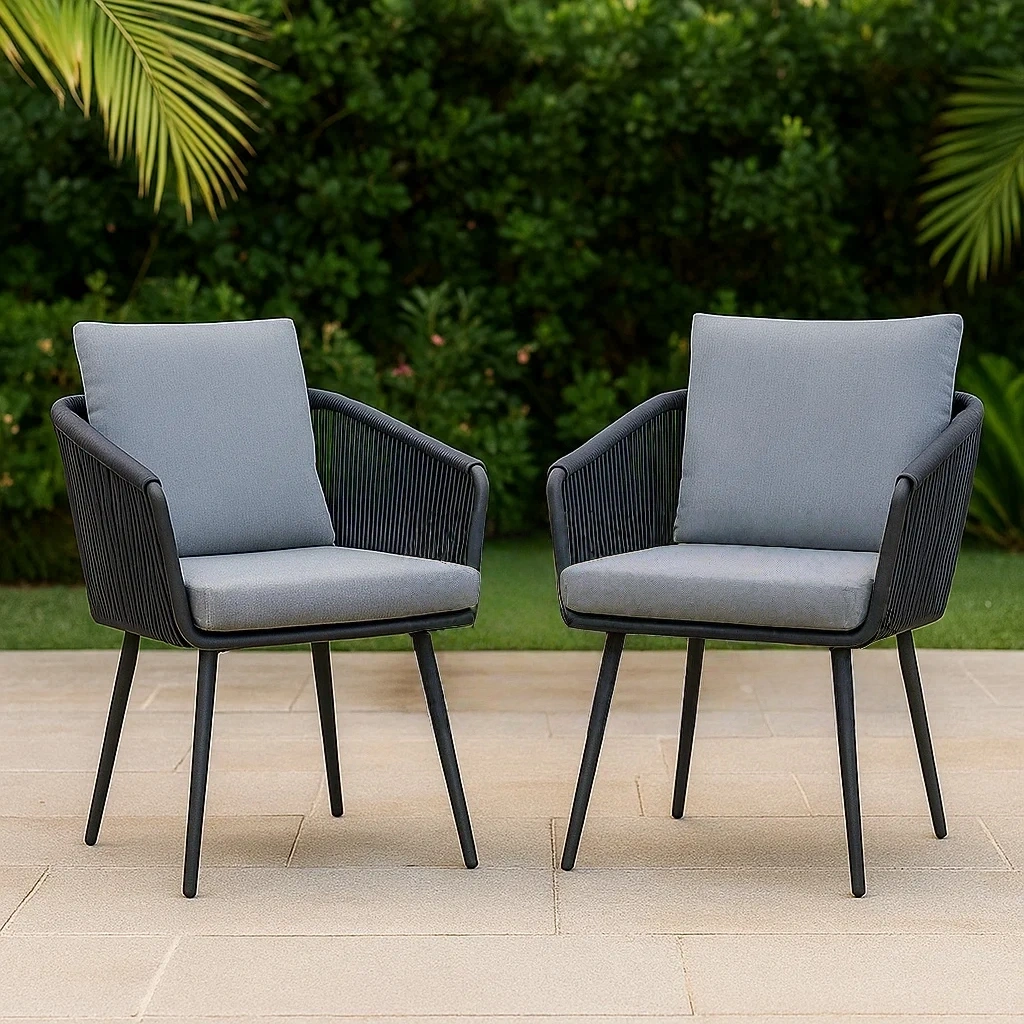 Silla de comedor de exterior,conjunto de 2 sillas con cojín y reposabrazos bajos,negro,aluminio y poliéster,adecuado para jardín