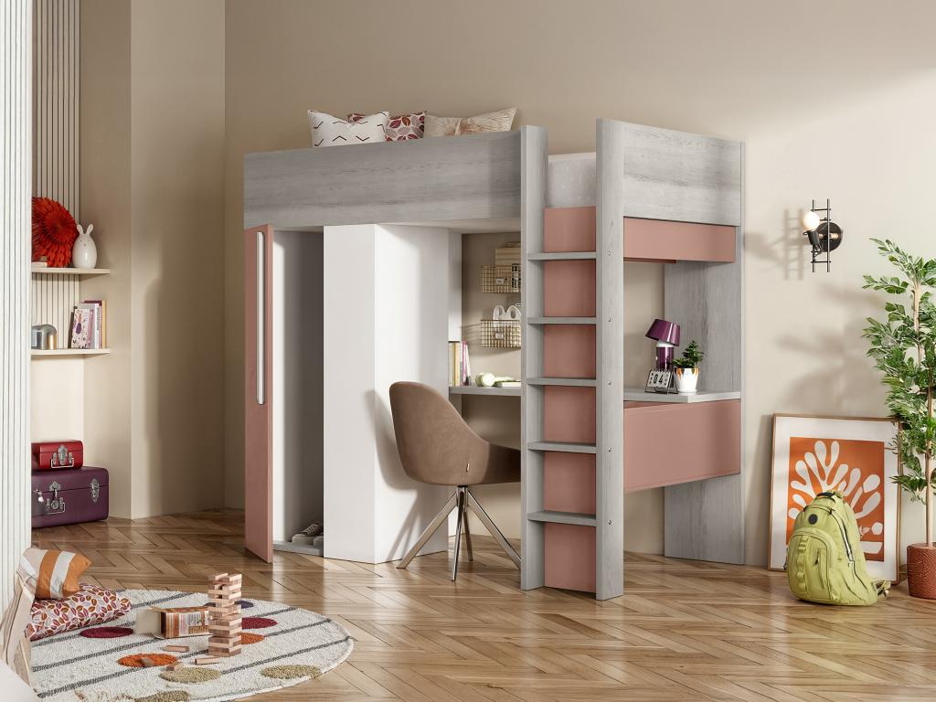 Cama alta 90 x 200 cm - con armario y escritorio - Rosa y blanco - NICOLAS
