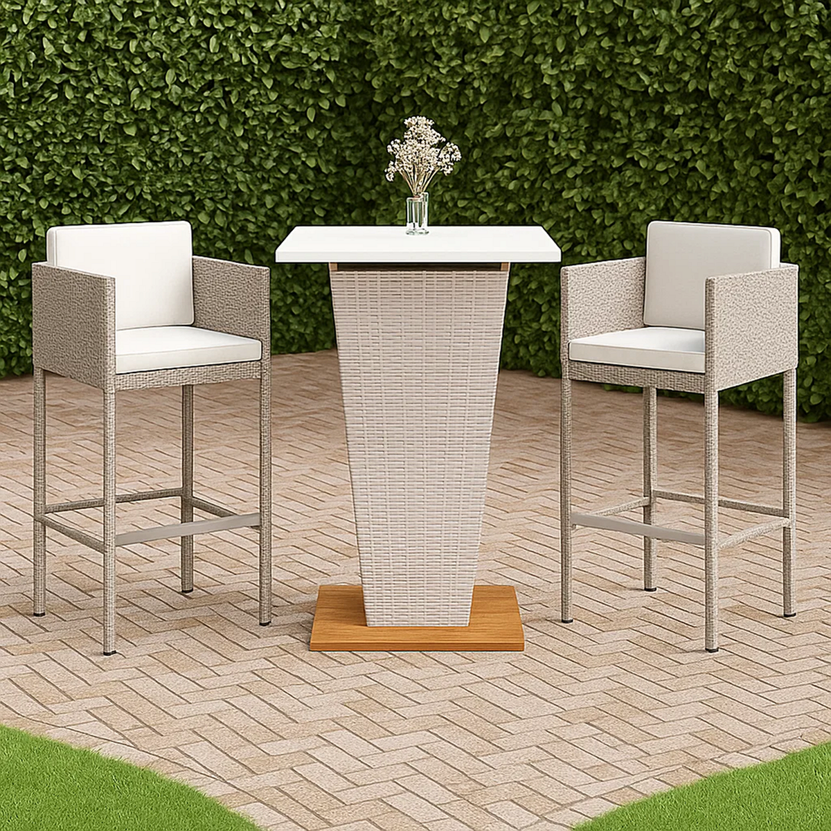 Conjunto de bar para jardín 3 pzas ratán sintético beige con cojines blancos – mesa alta trapezoidal y 2 taburetes con respaldo