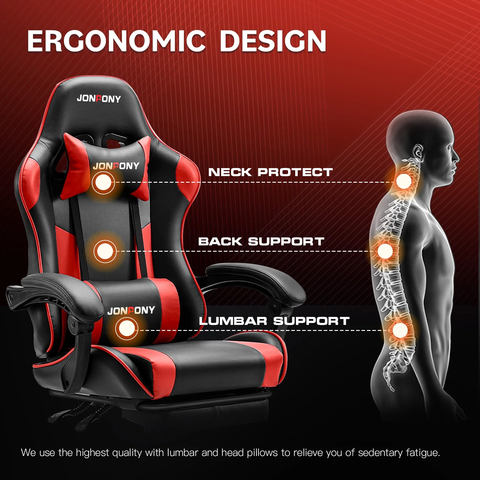JONPONY Big and Tall 500LBS Gaming Chair, Ergonomic Design, Gamer Chair PU Leather with Footrest and Lumbar Support, High Back Office Chair Support 8 Hours Long Sitting,Red Computer Chair,Red - Image 51