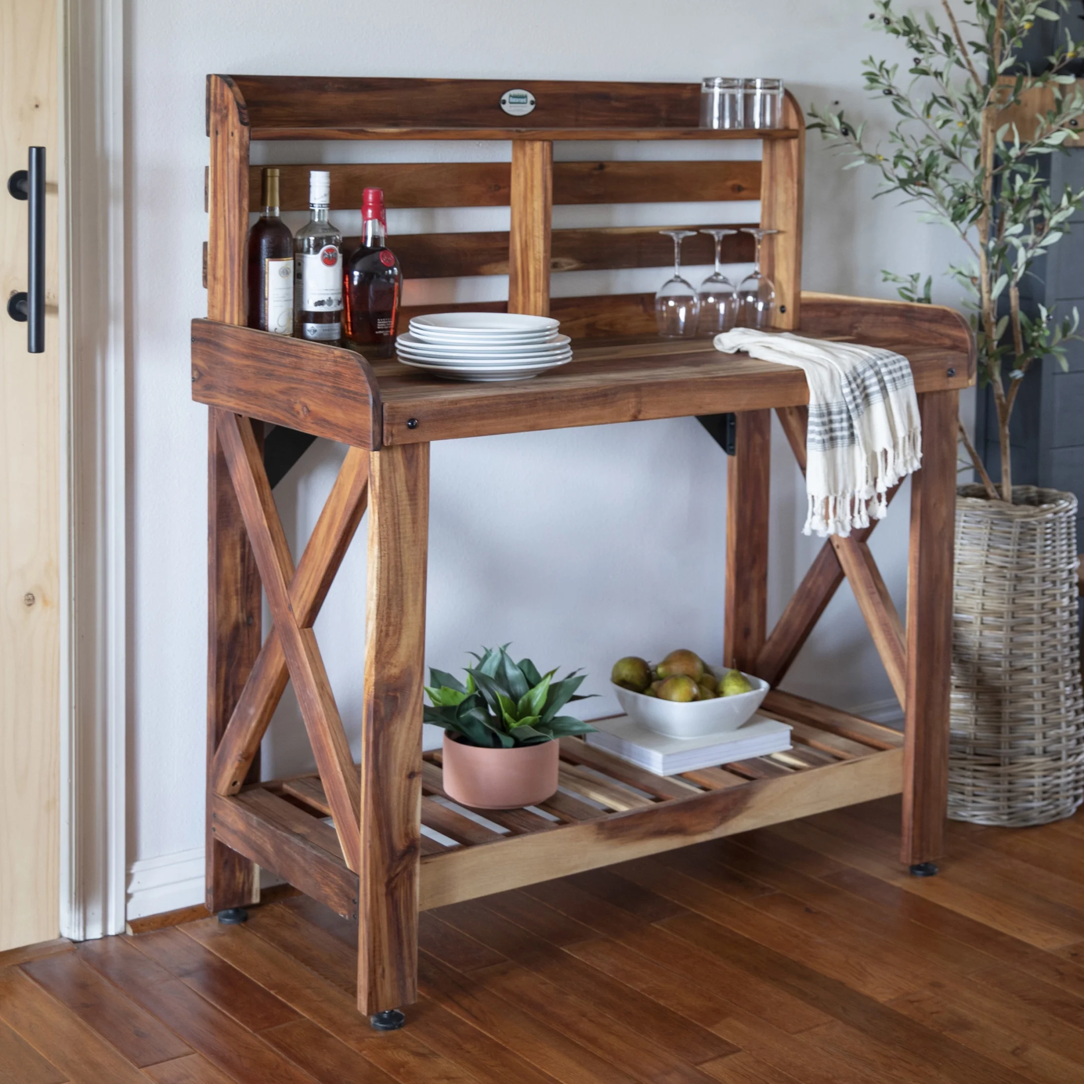 Backyard Discovery 47" Acacia Wood Garden Potting Bench & Serving Bar, Storage Shelf - Image 5