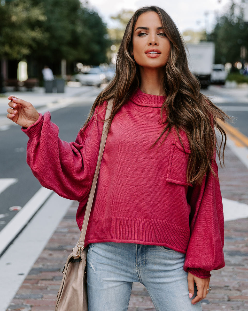 Mountain Gem Cotton Relaxed Sweater - Raspberry - Se7enfashion