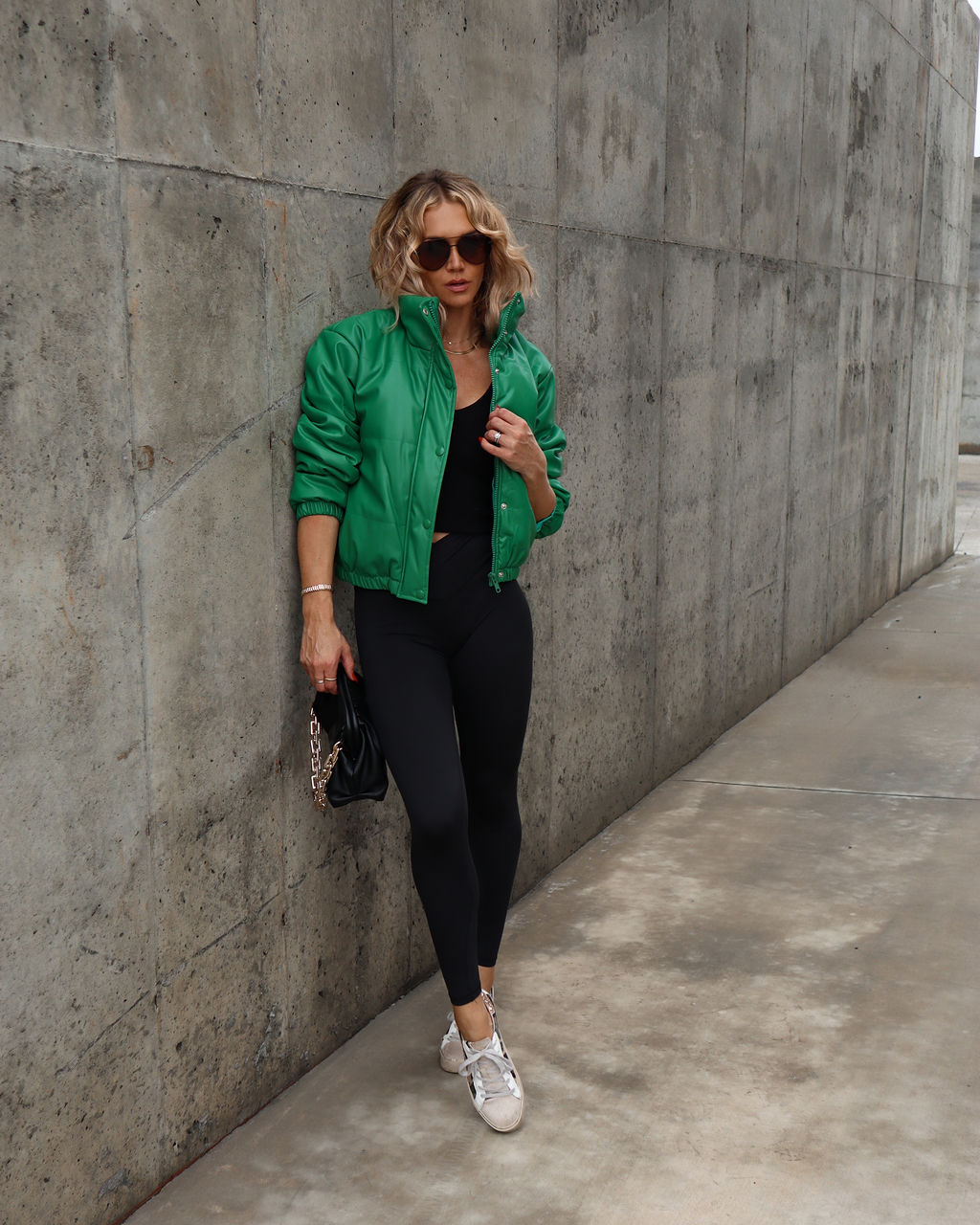 Apres Chic Pocketed Faux Leather Puff Jacket - Kelly Green - Se7enfashion