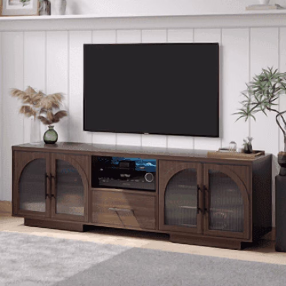 TV Stand for 75 inch TV, LED TV Stand for Living Room,70" Entertainment Center with Arched Glass Doors, Faux Marble Wood Finish Top, Adjustable Shelves, and LED Lighting, Black - Image 5