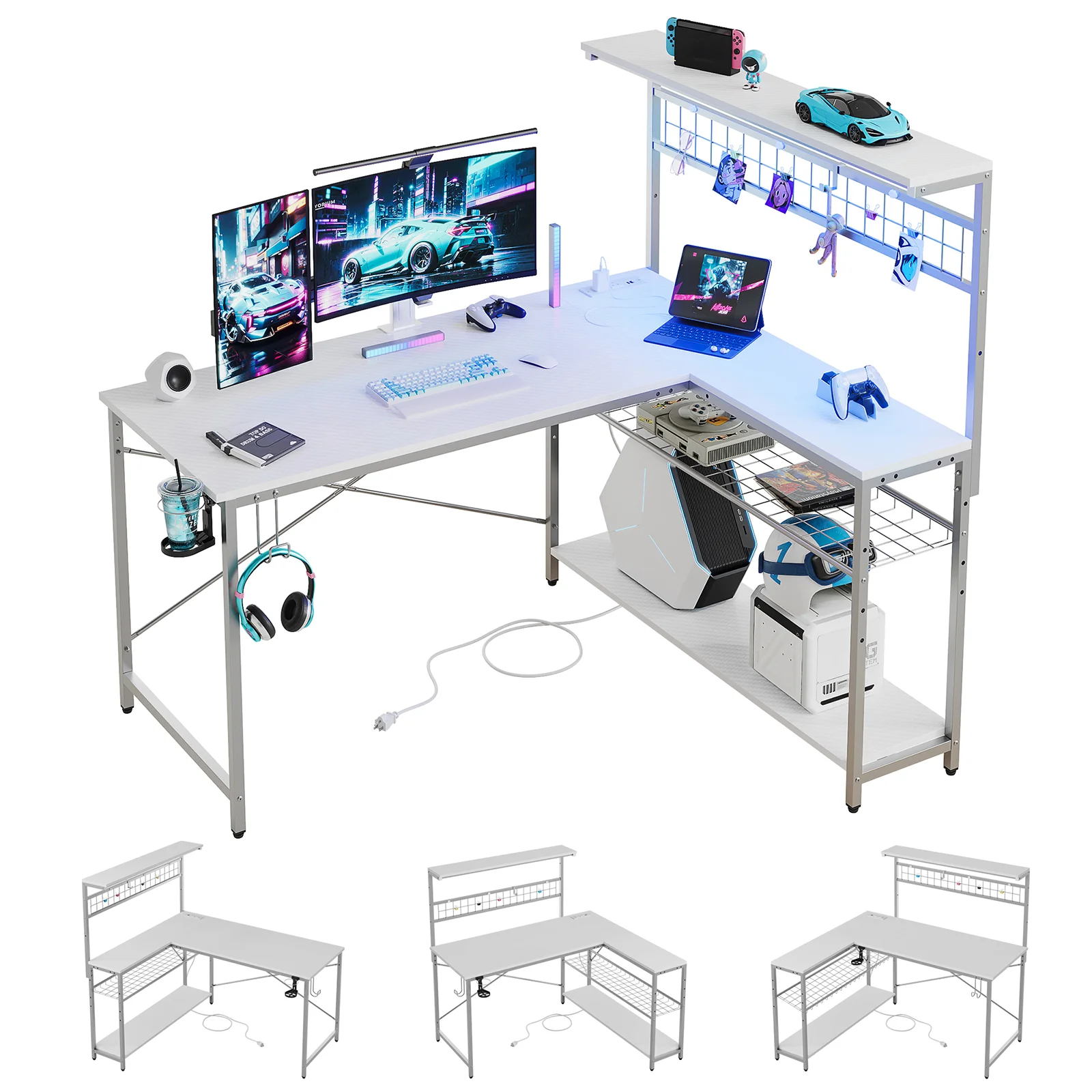 Bestier 51 L Shaped Gaming Desk with Power Outlets & LED Light, Computer Desk with 4 Tiers Shelves for Home Office, Reversible Gamer Table with Hooks and Cup Holder, Carbon Fiber - Image 17