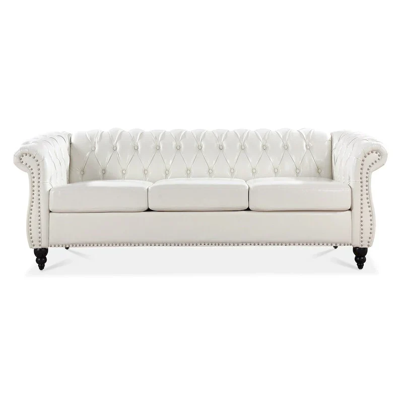 Cream 84.65 Traditional Chesterfield 3-Seater Sofa in PU Leather
