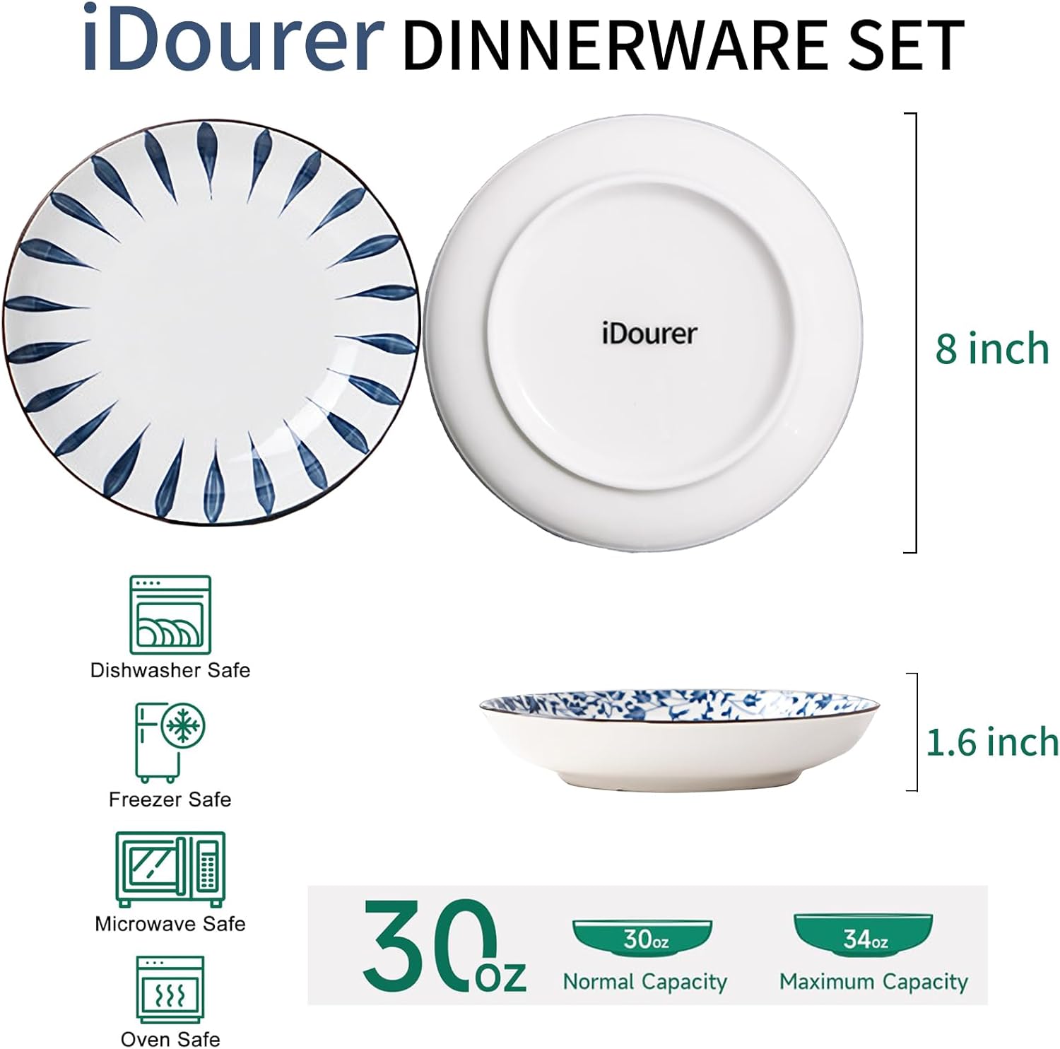 Ceramic Plates and Bowls Set, Japanese Style Dinnerware Set with Gift Box - Blue and White - 4 Rice Bowls and 2 Pasta Bowls - Kitchen Gifts for Women