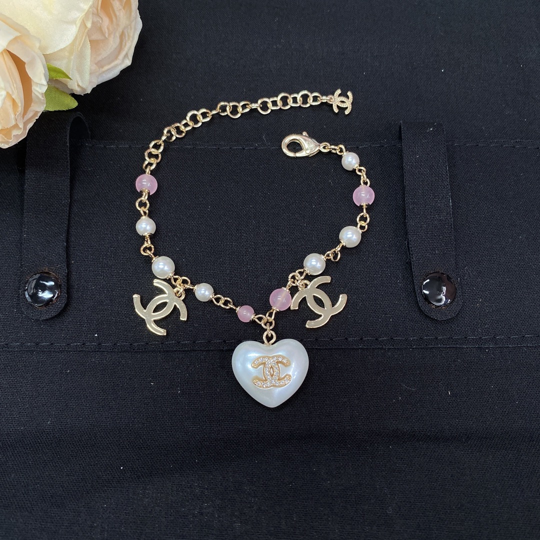 Chanel White Heart Pink Bead Bracelet Earrings - Original Replica Club