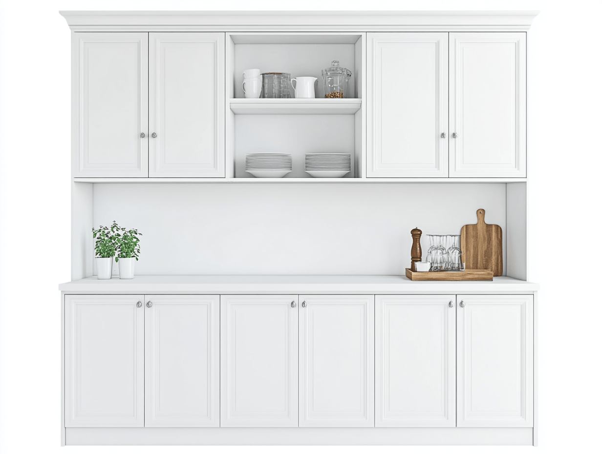 Armario de cocina blanco con puertas y estantes abiertos – 200×45×210 cm – estilo clásico funcional