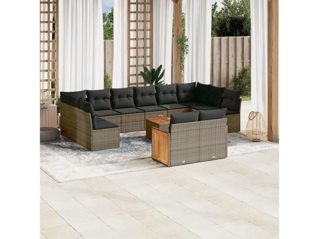 Set sofás de jardín con cojines 13 piezas ratán sintético gris