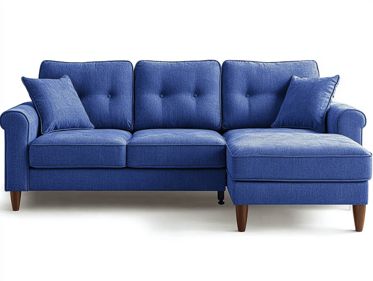 Sofá de esquina de tela azul con almohadas decorativas y estructura de madera para sala de estar