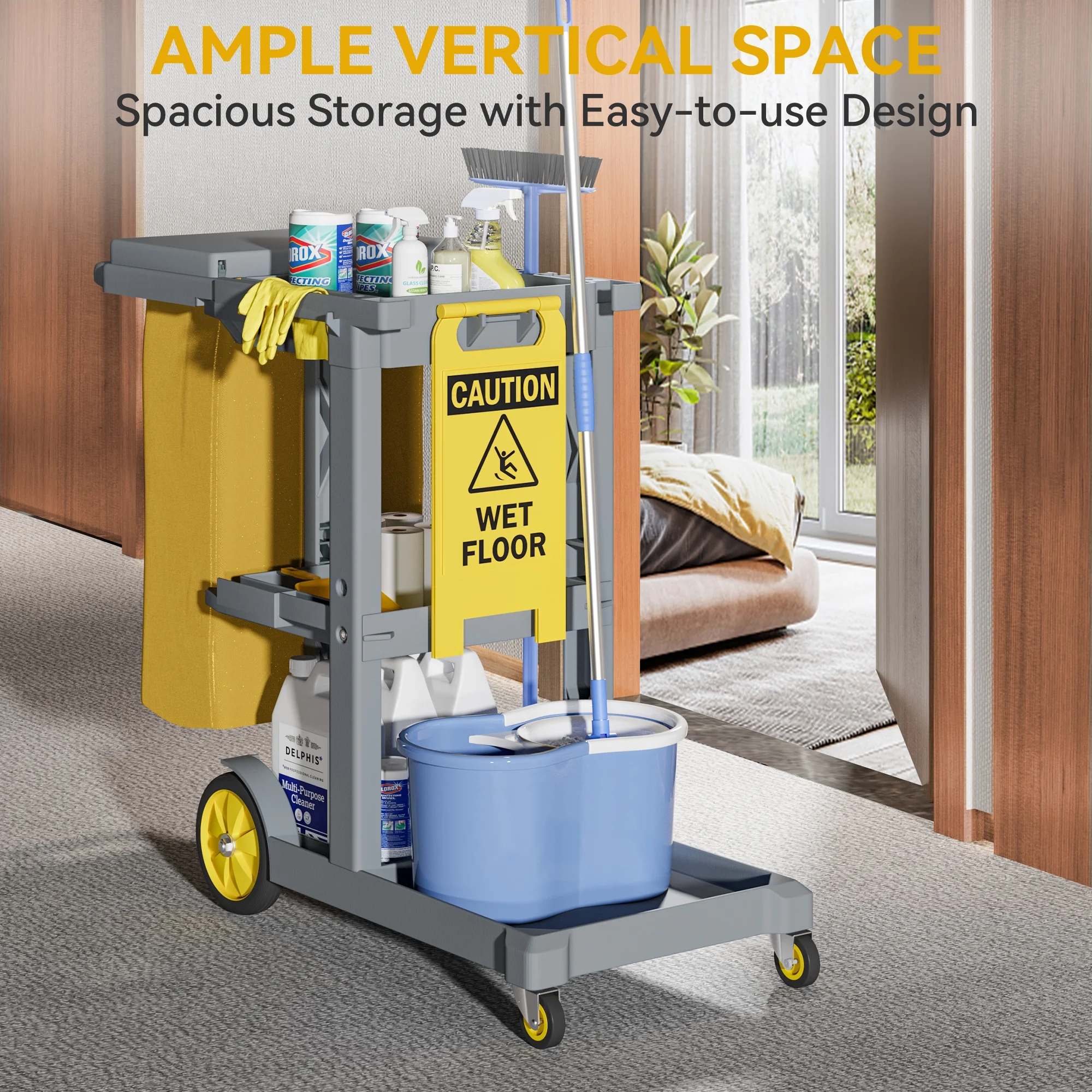 Dextrus Commercial Janitorial Trolley Cleaning Cart, 25 Gallon Capacity with Cover, for Housekeeping & Facility Maintenance, Black - Image 12