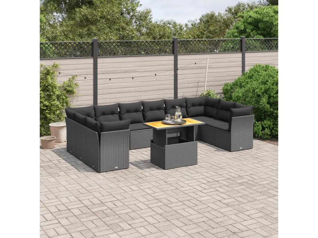 Habitarluz Set de sofás de jardín 11 pzas y cojines ratán sintético negro LHUQ05772