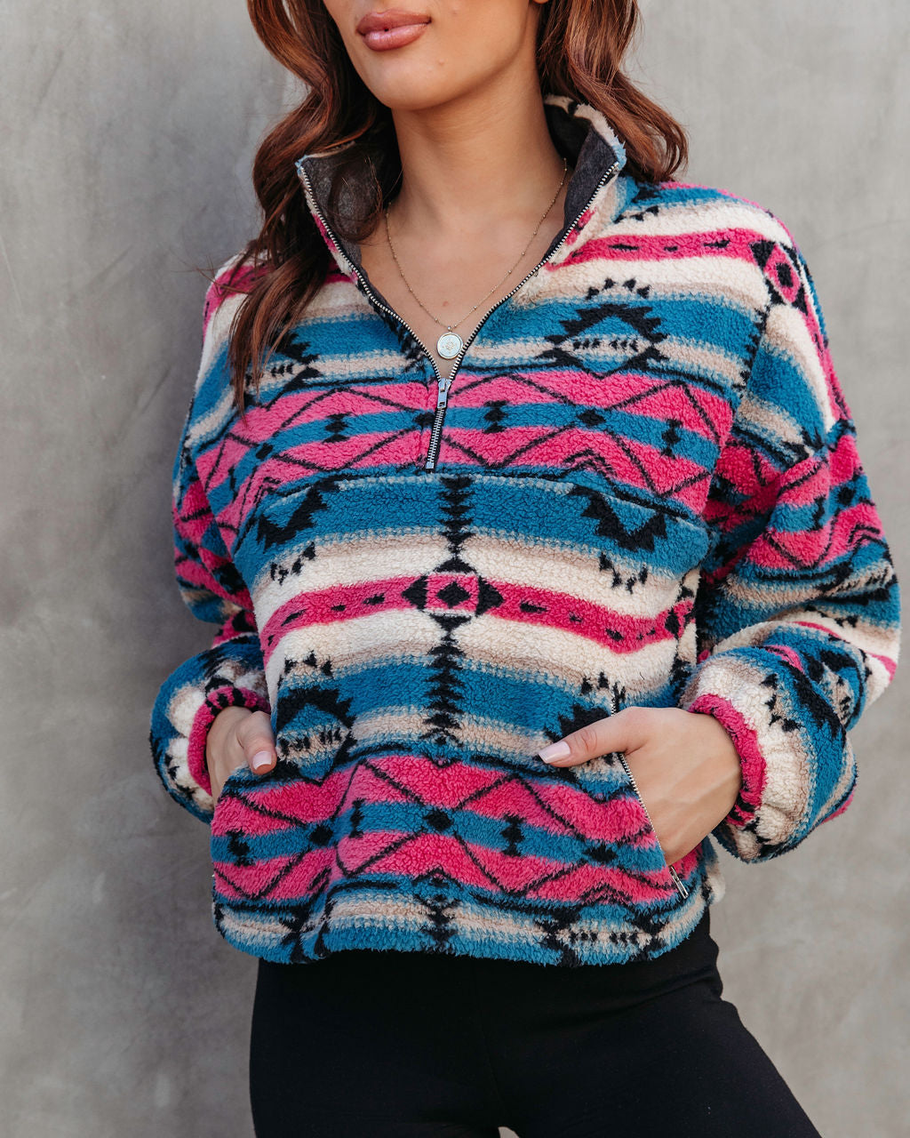 Sedona Pocketed Printed Half Zip Teddy Pullover Sweater - Se7enfashion