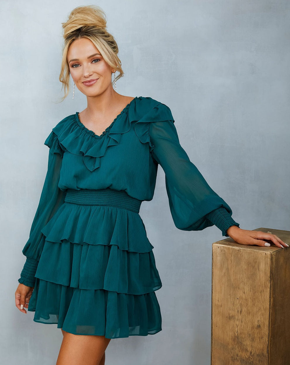 Rachel Tiered Ruffle Mini Dress- Green - Se7enfashion