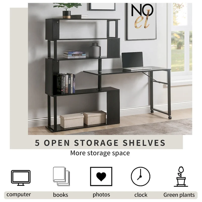 Modern Computer Desk with 5-Tier Shelves – Space-Saving Rotatable Workstation
