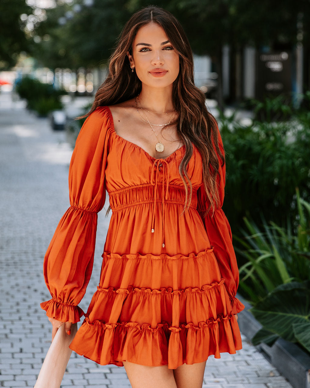 Unrequited Romance Tiered Front Tie Mini Dress - Burnt Orange - Se7enfashion