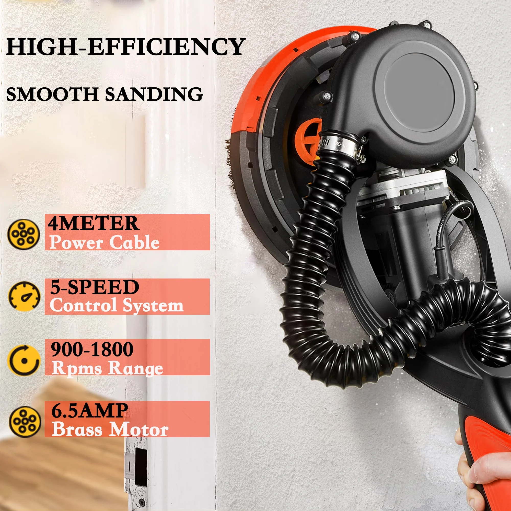 POVANLI 780W Electric Drywall Sander with Vacuum Dust Collection, 6.5A Motor Dustless Floor Sander with Variable Speed 900-1800RPM, LED Light, Extendable & Foldable Handle Yellow+Black - Image 26