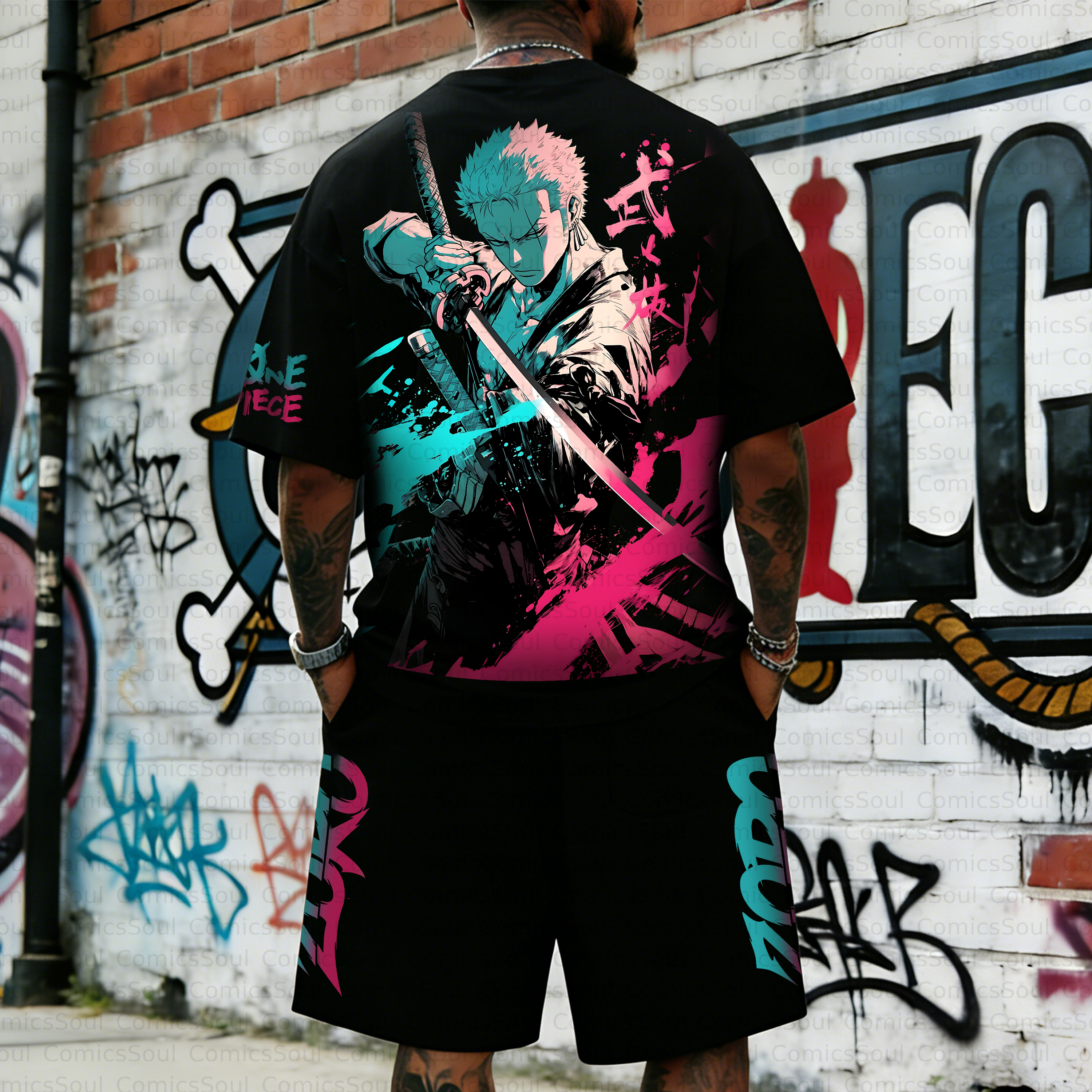 Unisex Anime Inspired Vintage T-shirt& Shorts 2 Pieces Set