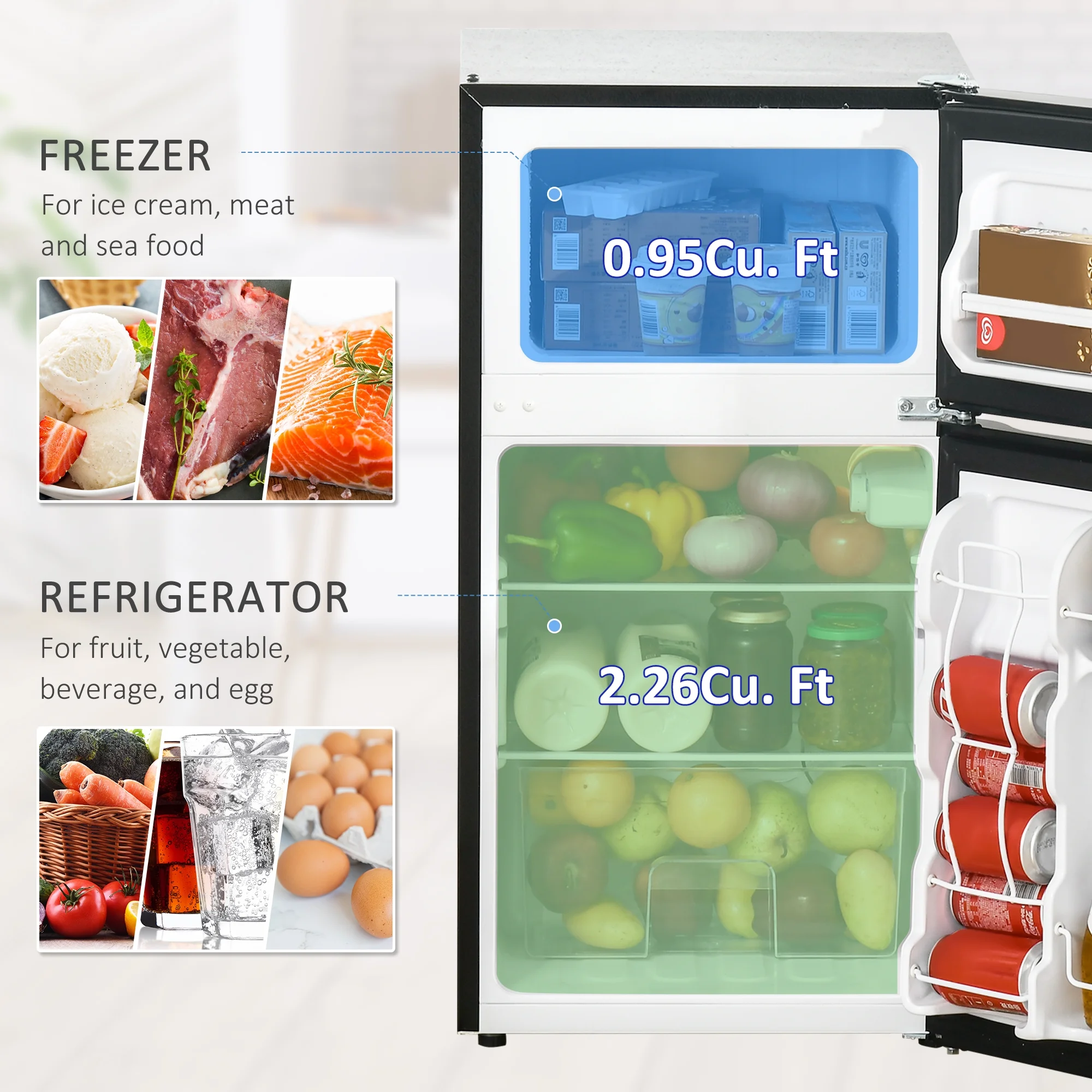 3.2 Cu.Ft Mini Fridge with Freezer, Double Door Compact Refrigerator with Adjustable Thermostat, Shelf and Reversible Door for Bedroom, Dorm, Home Office, Energy Efficient, Black - Image 4