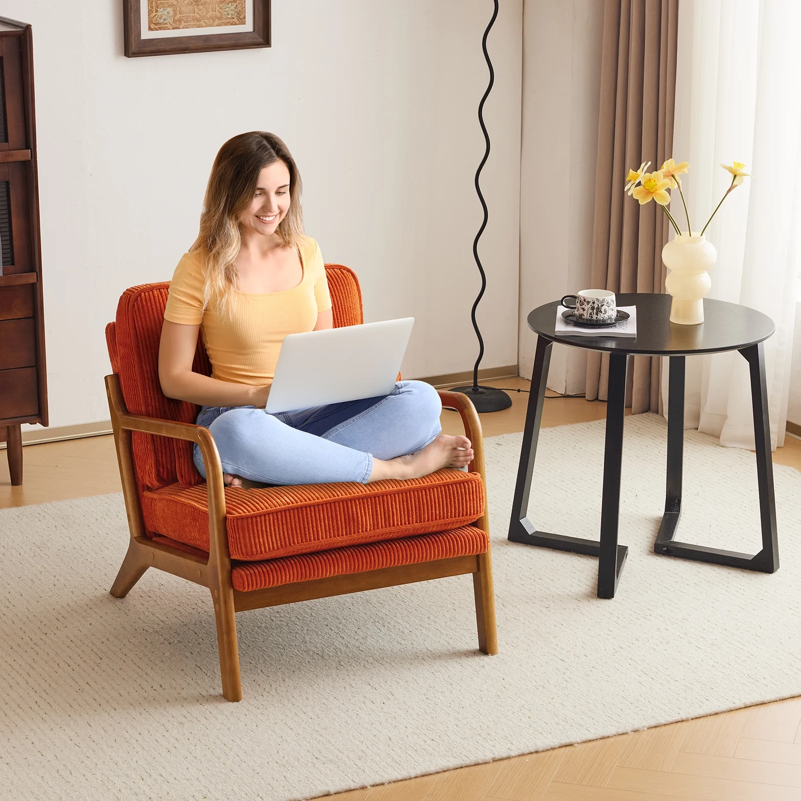 Ktaxon Accent Chair Corduroy Upholstered Armchair, Reading Club Chair with Pillow and Solid Wood Frame for Living Room Bedroom Furniture Off White - Image 29