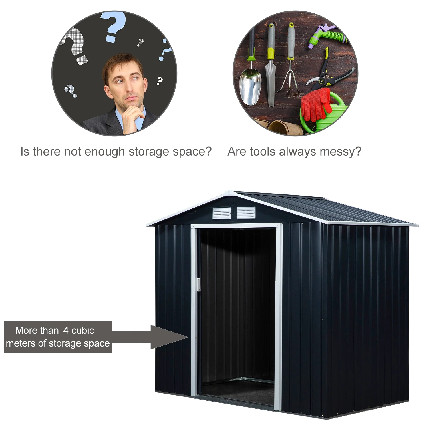 Outsunny 7' x 4' Metal Storage Shed Organizer, Garden Tool House with 4 Vents and 2 Sliding Doors for Backyard, Patio, Garage, Lawn, Dark Gray - Image 10