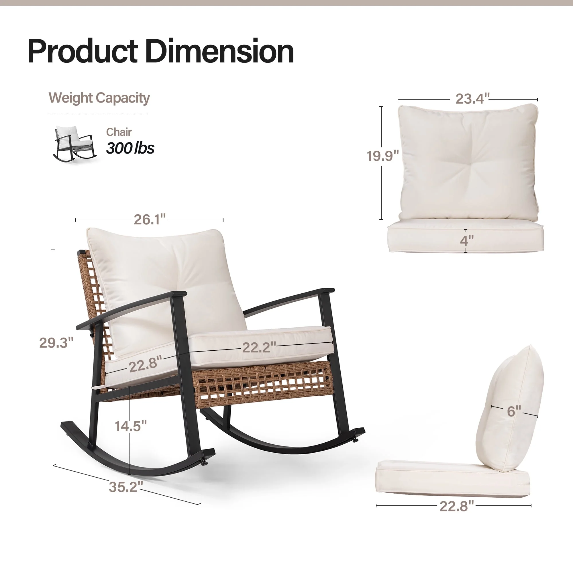 LAUSAINT HOME Outdoor Rocking Chair, Patio PE Rattan Chair with Beige Cushions - Image 6
