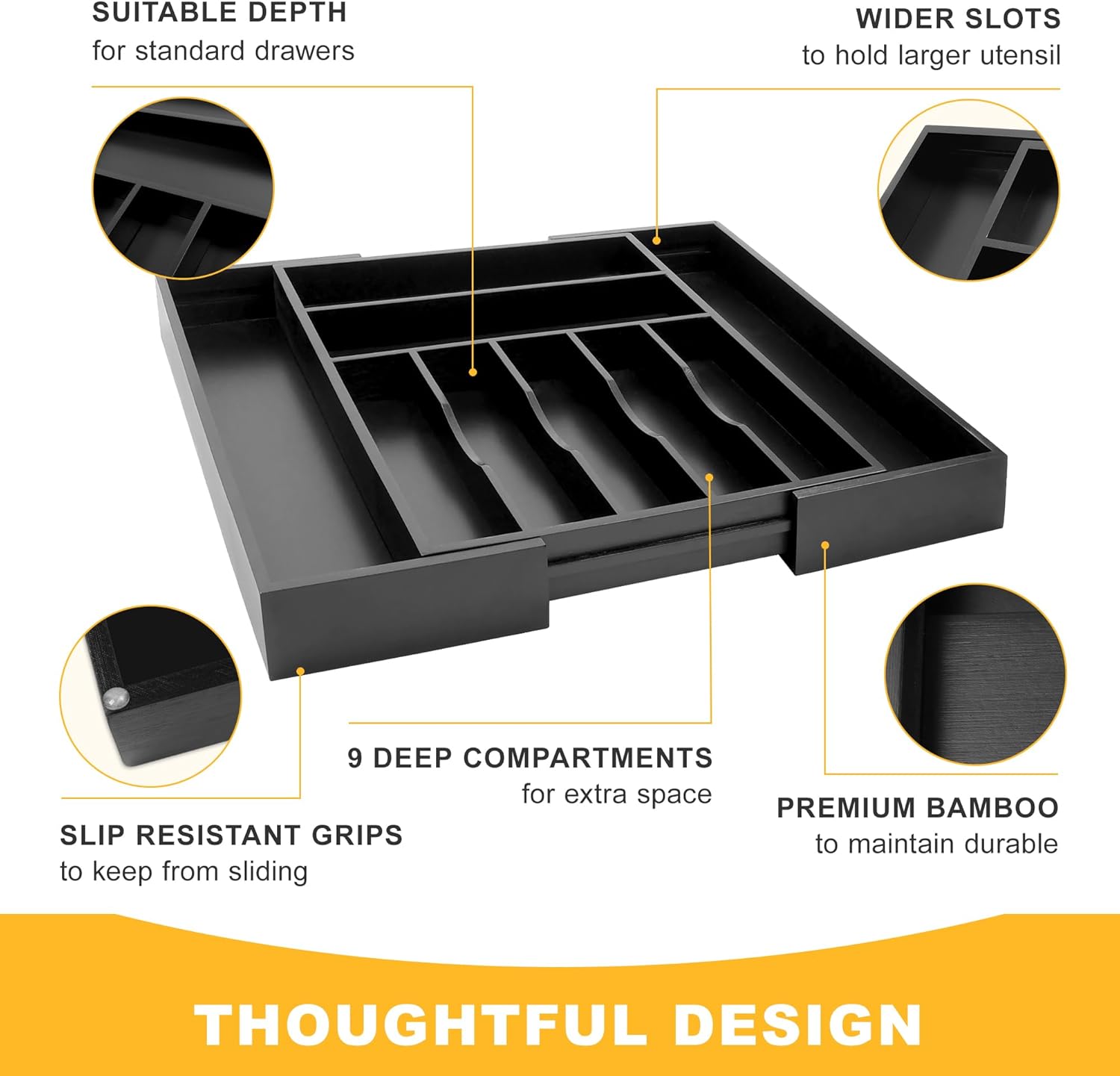 Large Premium Bamboo Silverware Organizer - Expandable Drawer Organizer & Utensil Organizer - 17
