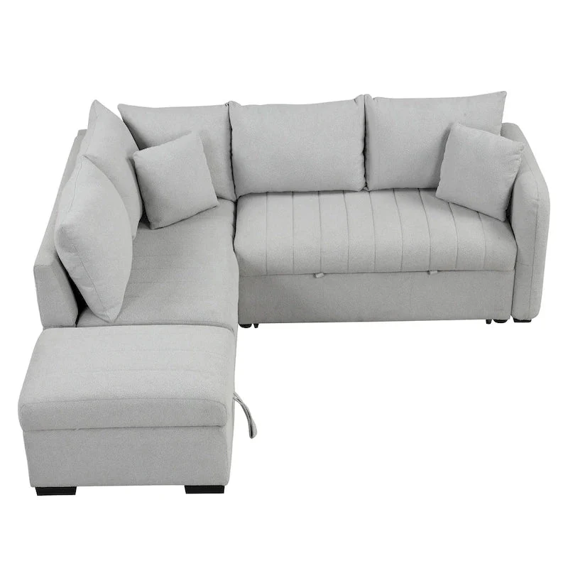 82.6" L-Shaped Sectional Sofa Bed with Pull-Out Feature, USB Ports, Power Sockets, and Movable Storage Ottoman - Bei