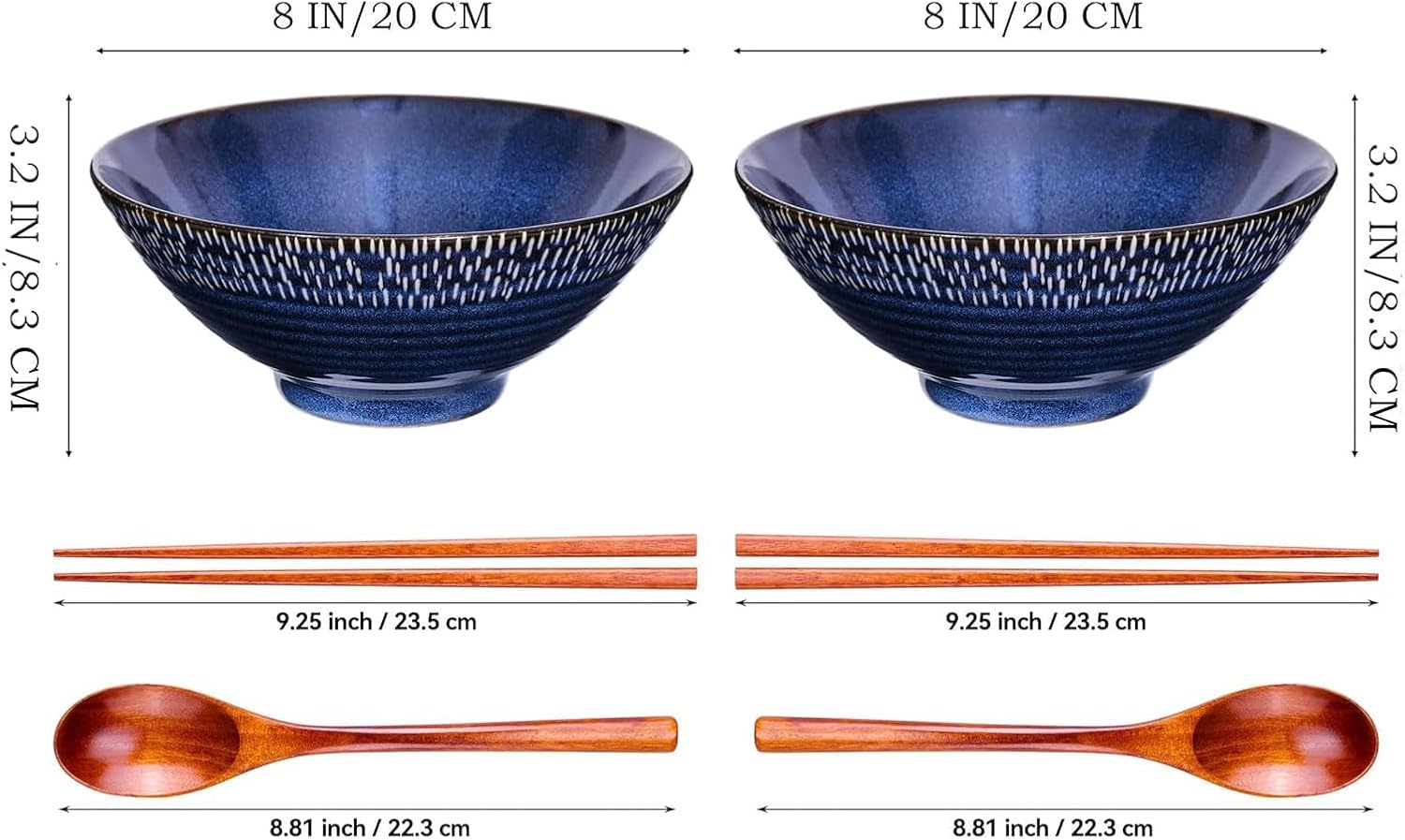 Ceramic Ramen Bowl Set - Set of 8, 2 x Ramen Bowls with Chopsticks, Ceramic Bowl & Frame Spoon for Asian Noodles and Udon (2-Piece Bowl Set) (2-Piece Set Blue Starry Sky)