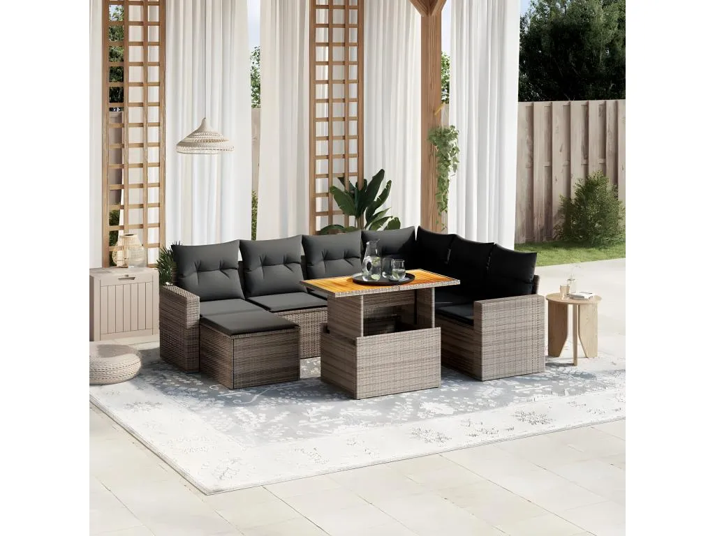 Set de sofás de jardín 8 piezas y cojines ratán sintético gris