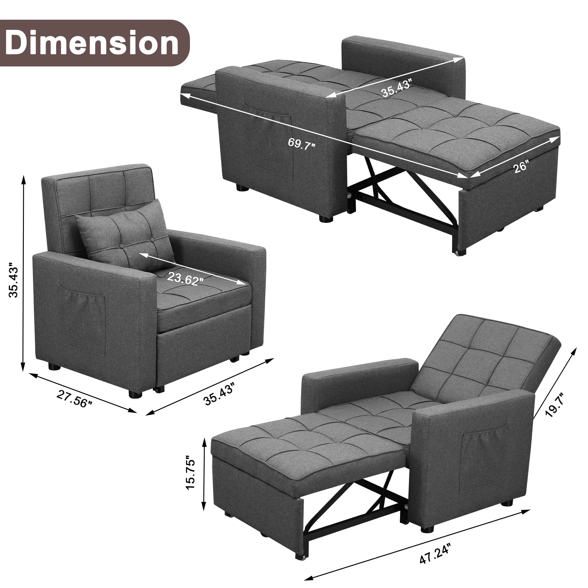 Tolead 3-in-1 Convertible Sofa Bed Sleeper Chair with Adjustable Backrest, Gray - Image 8