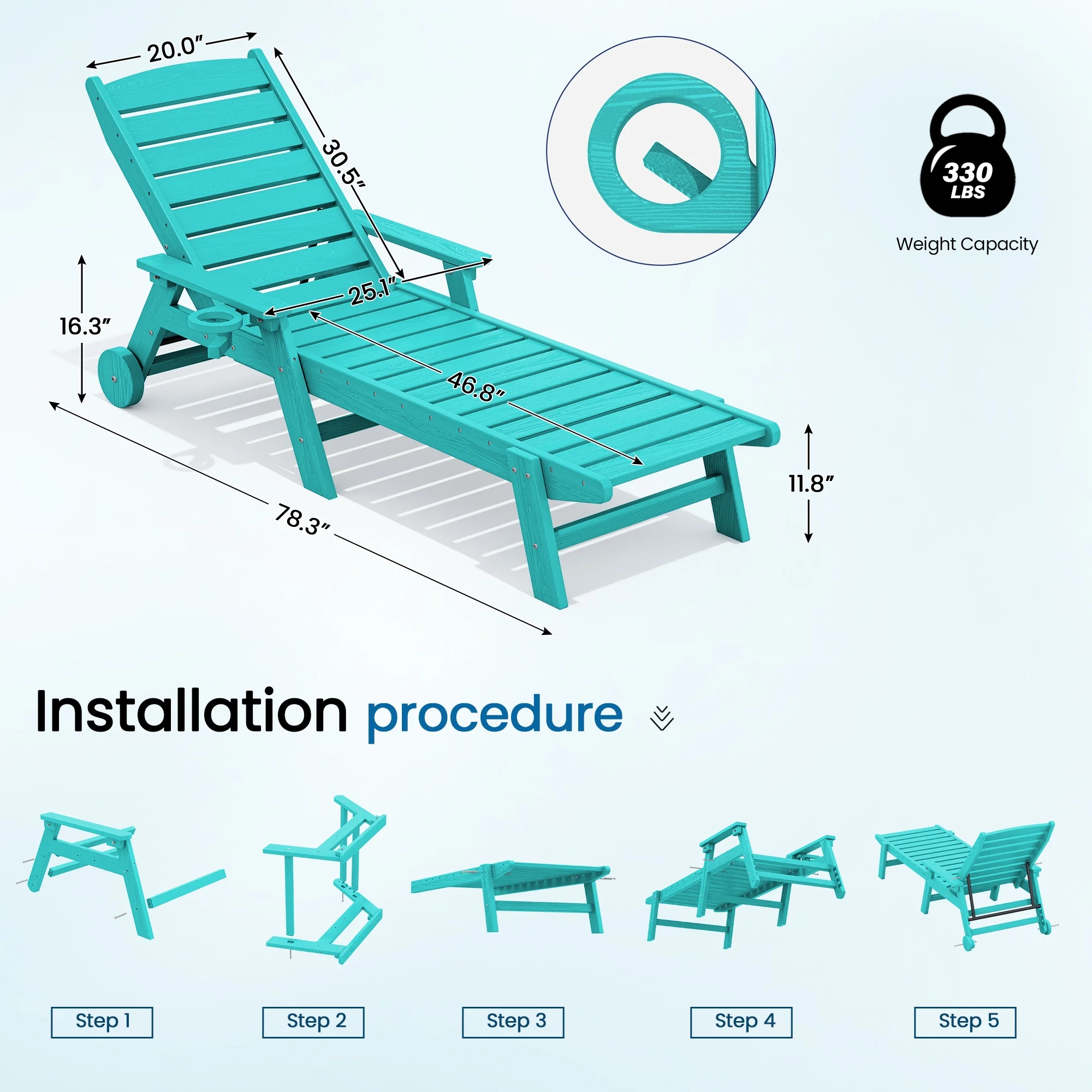 SERWALL Patio Chaise Lounge Chair, 78'' HDPE Outdoor Lounge Chair 5 Positions Pool Lounger Navy Blue - Image 22