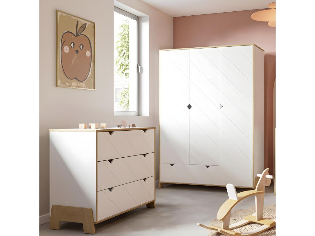 Armario de 3 puertas y 1 cajón decorado en blanco y roble Hamilton H188 - 1 cm - ALBIZIA