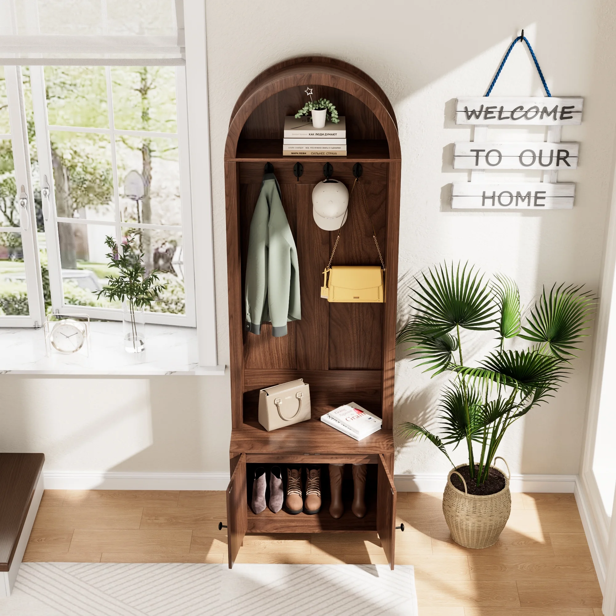 LUCKYELF Hall Tree with Shoe Storage, Entryway Bench with 4 Hooks and 2 Doors, Arch Coat Rack Cabinet for Hallway - Image 8